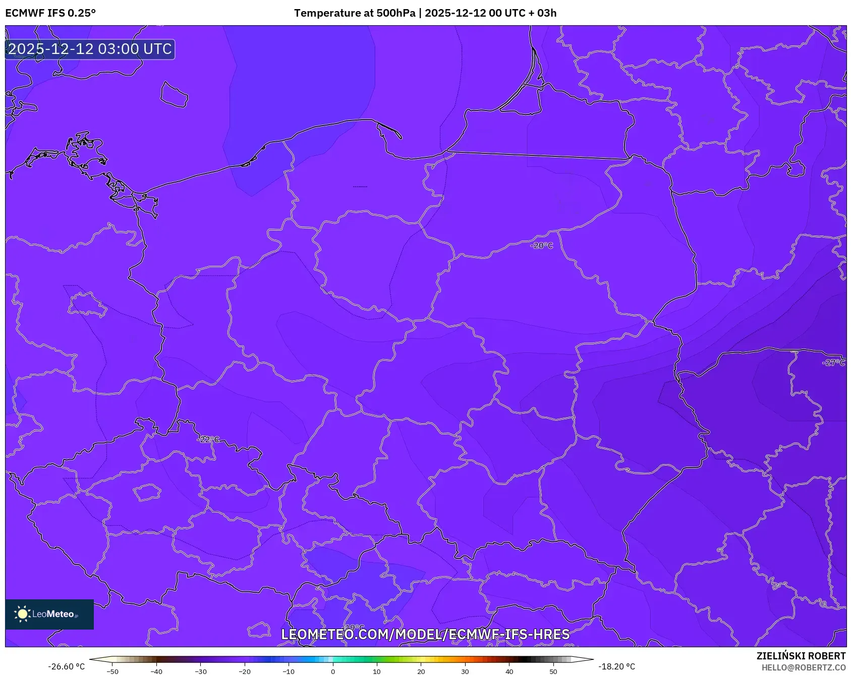 ECMWF IFS 0.25° model - Poland, Suhu 500 hPa