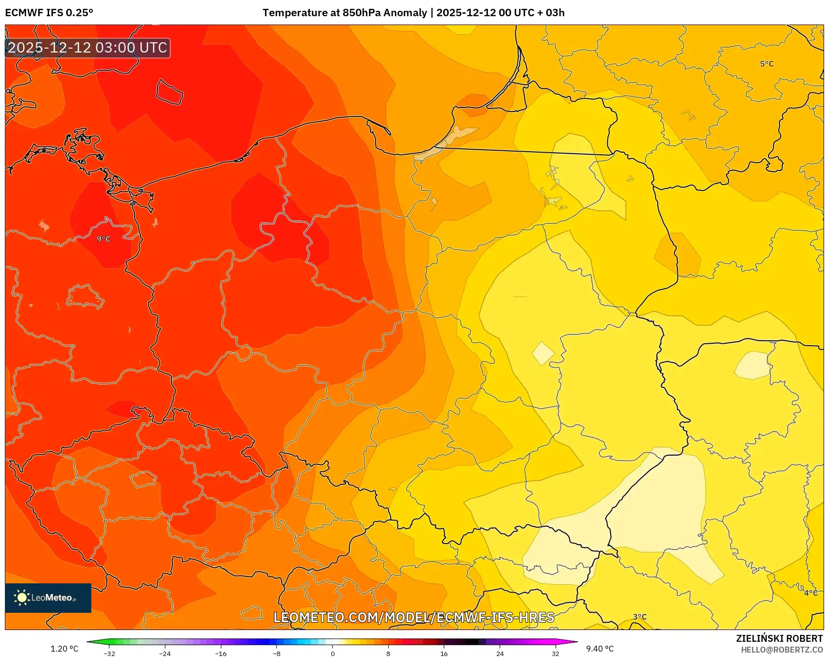 ECMWF IFS 0.25° model - Poland, Anomali Suhu 850 hPa
