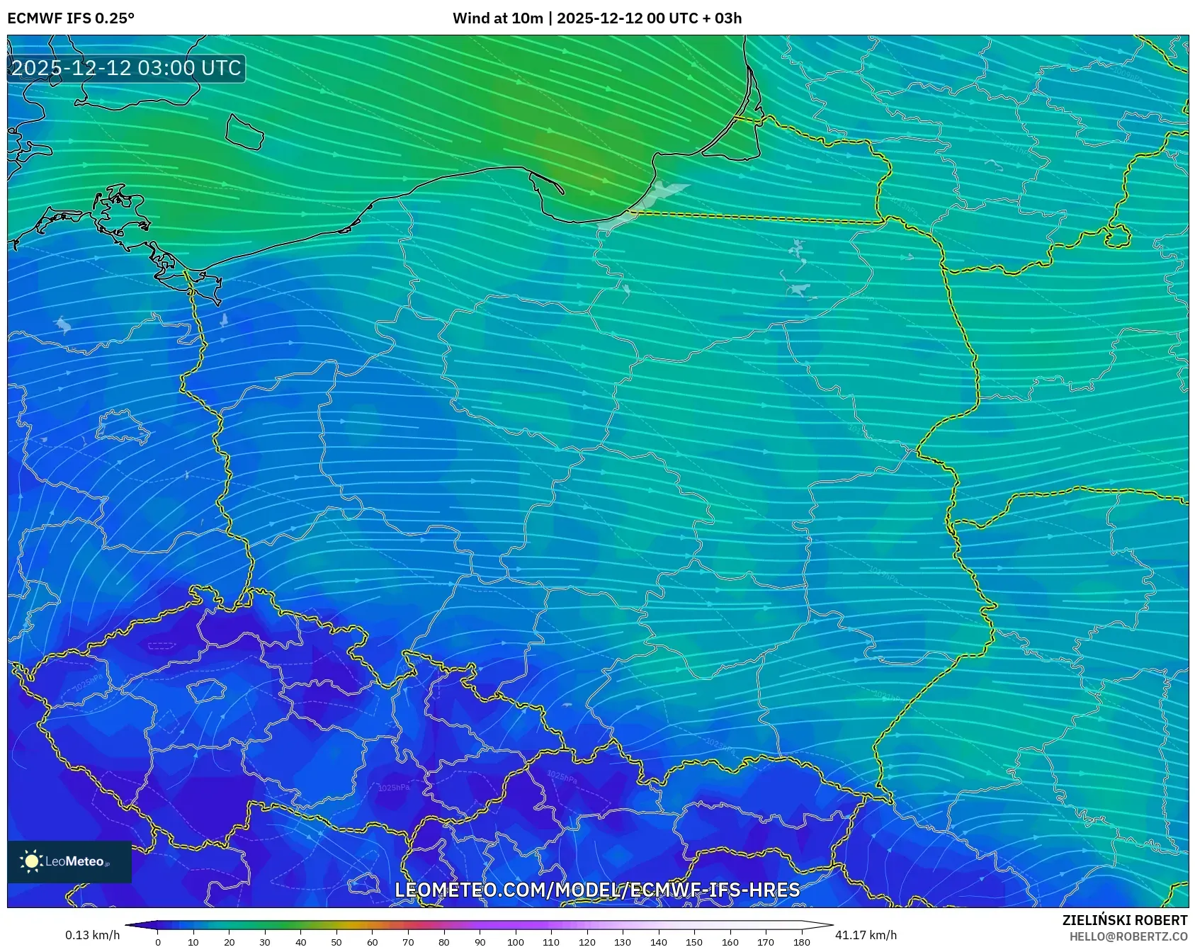 ECMWF IFS 0.25° model - Poland, Angin 10 m