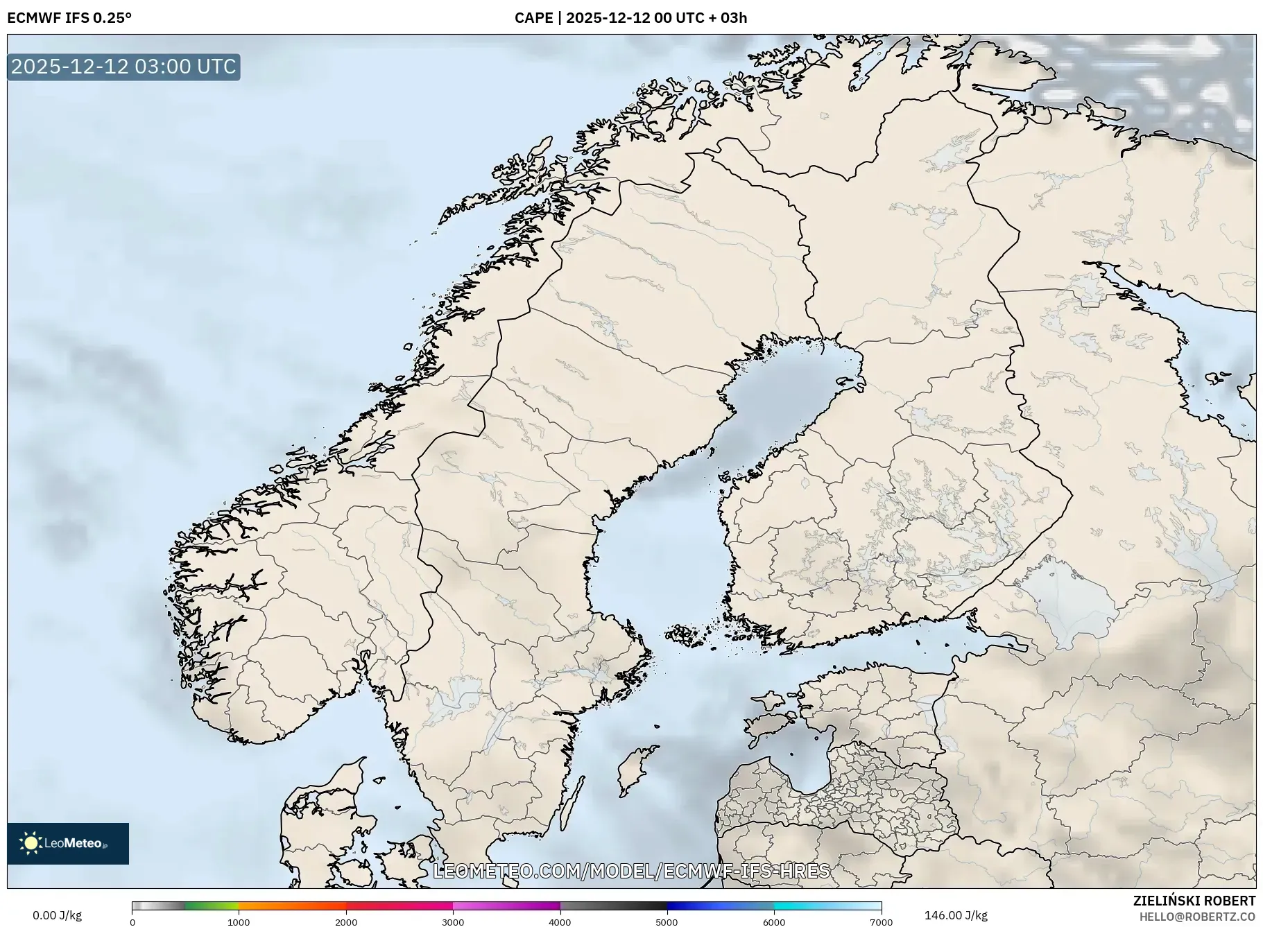 ECMWF IFS 0.25° model - Skandinavia, CAPE