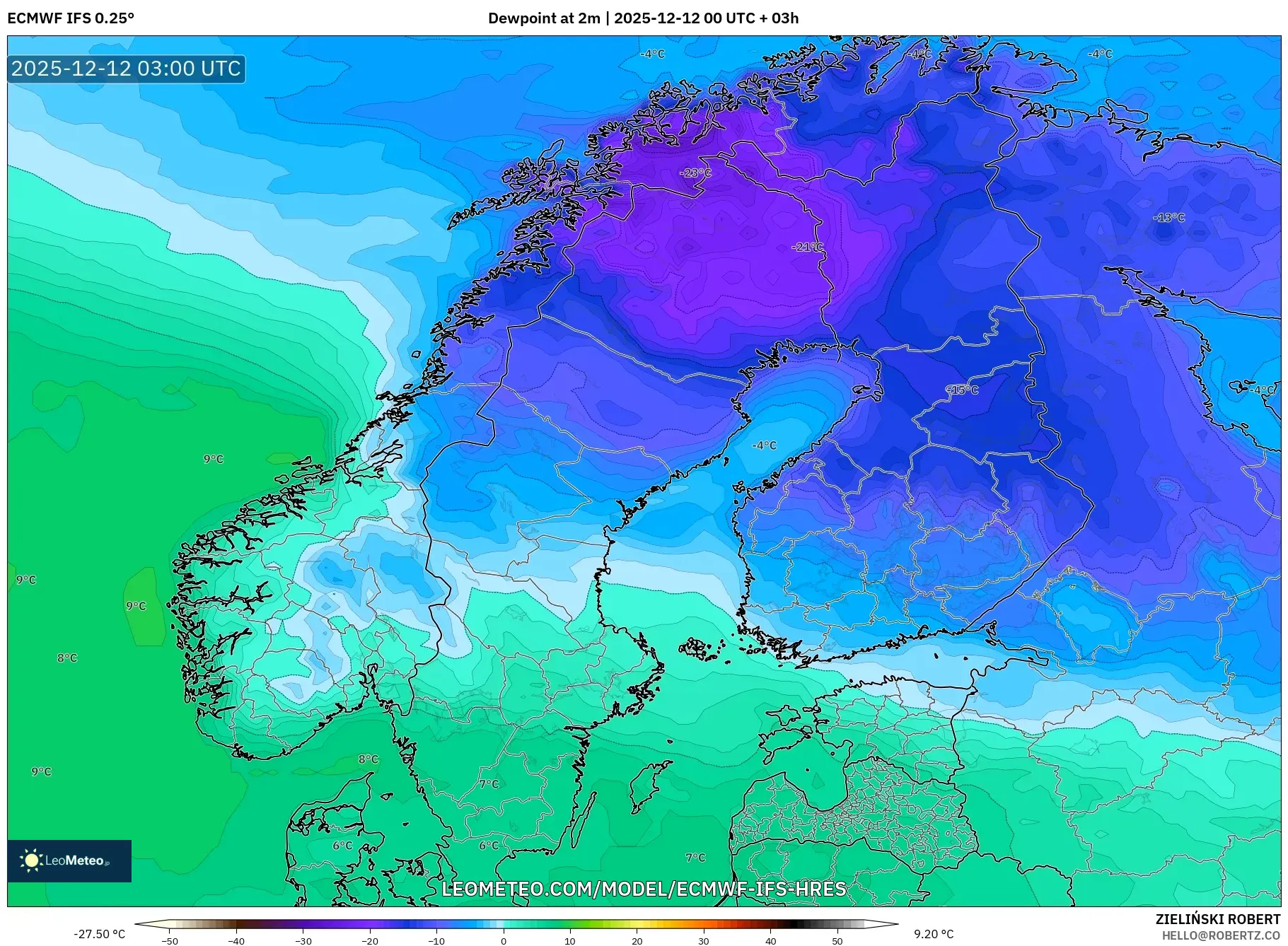 ECMWF IFS 0.25° model - Skandinavia, Takat Embun 2 m