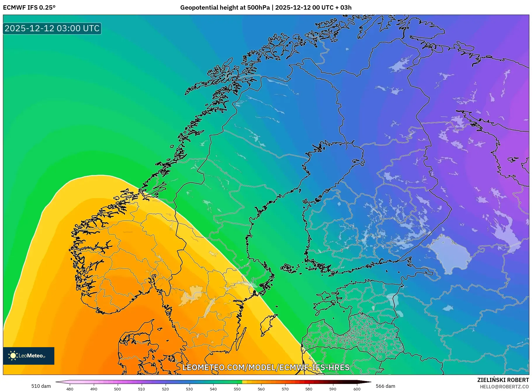 ECMWF IFS 0.25° model - Skandinavia, Ketinggian geopotensial pada 500 hPa