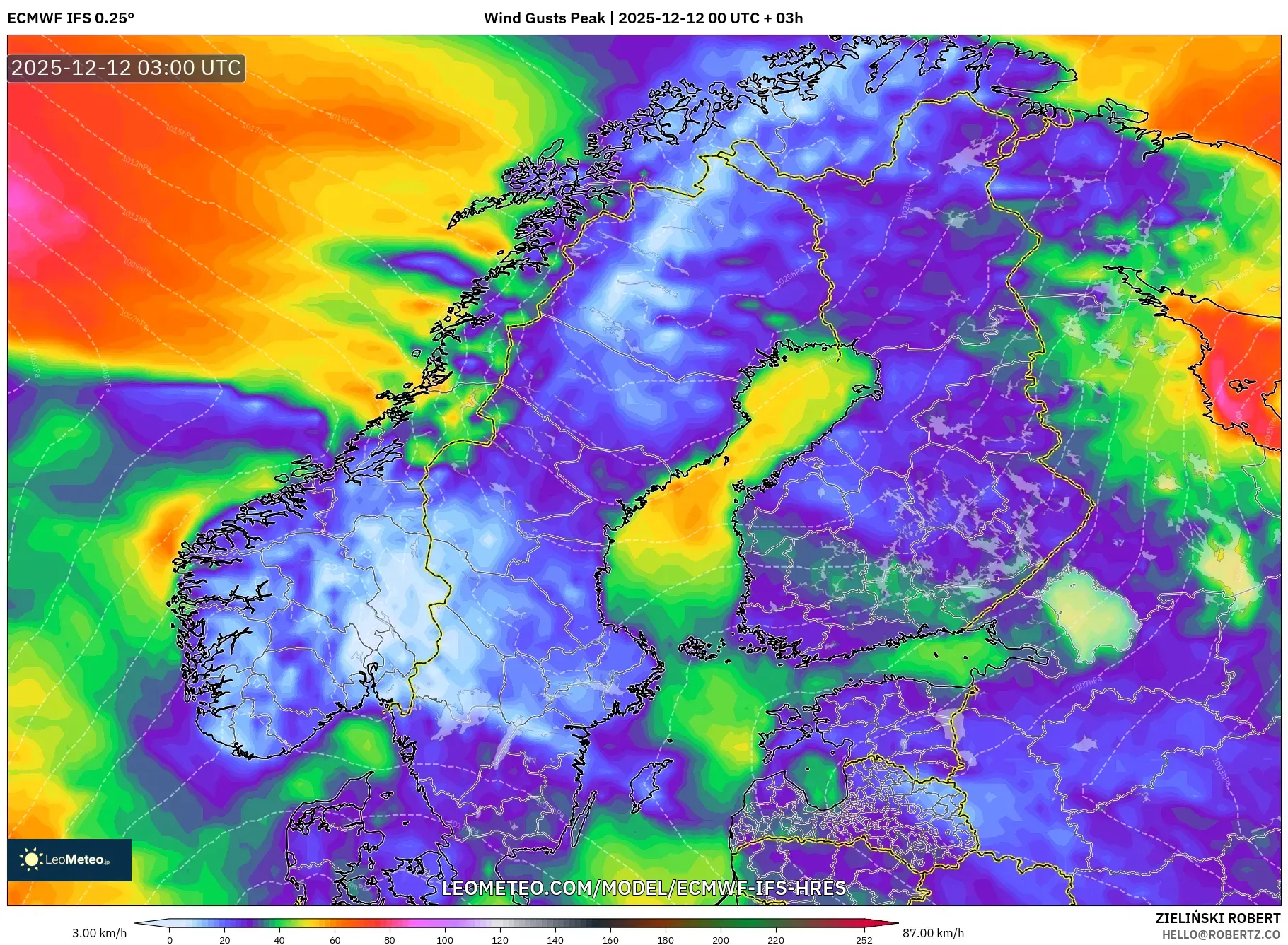 ECMWF IFS 0.25° model - Skandinavia, Hembusan Tertinggi