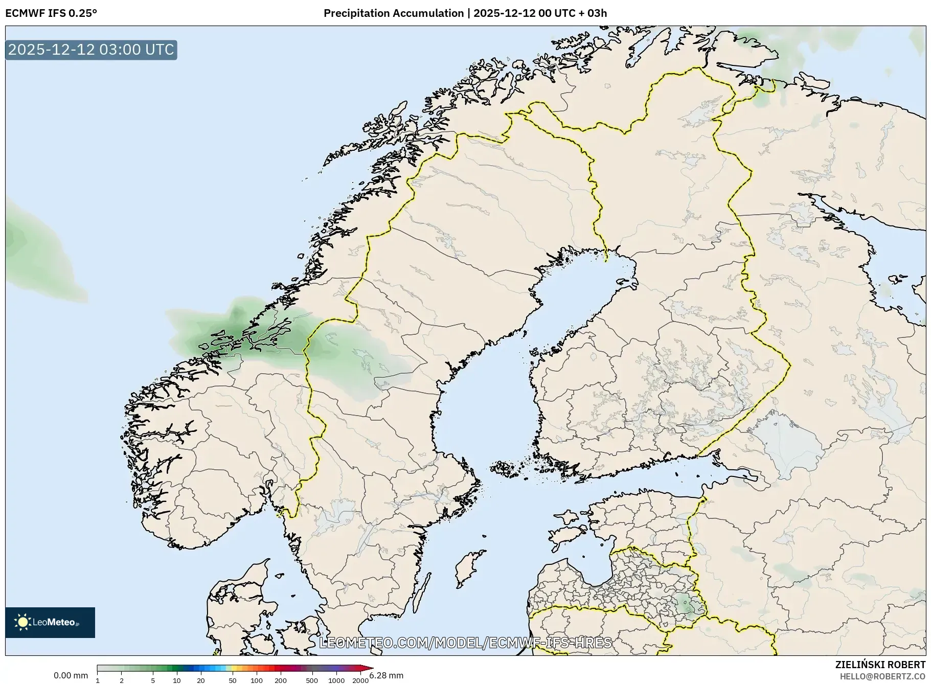 ECMWF IFS 0.25° model - Skandinavia, Pengumpulan Hujan