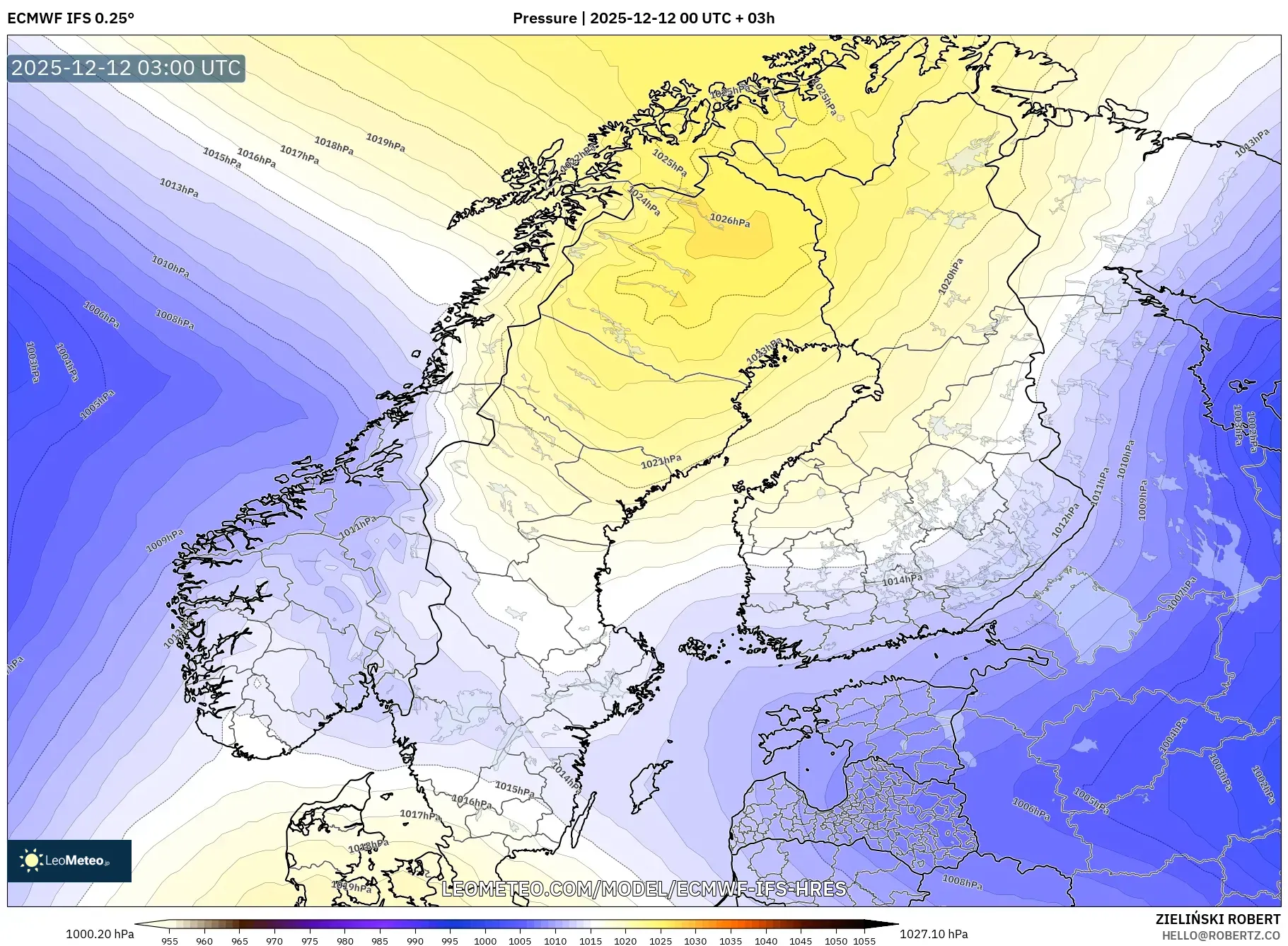 ECMWF IFS 0.25° model - Skandinavia, Tekanan