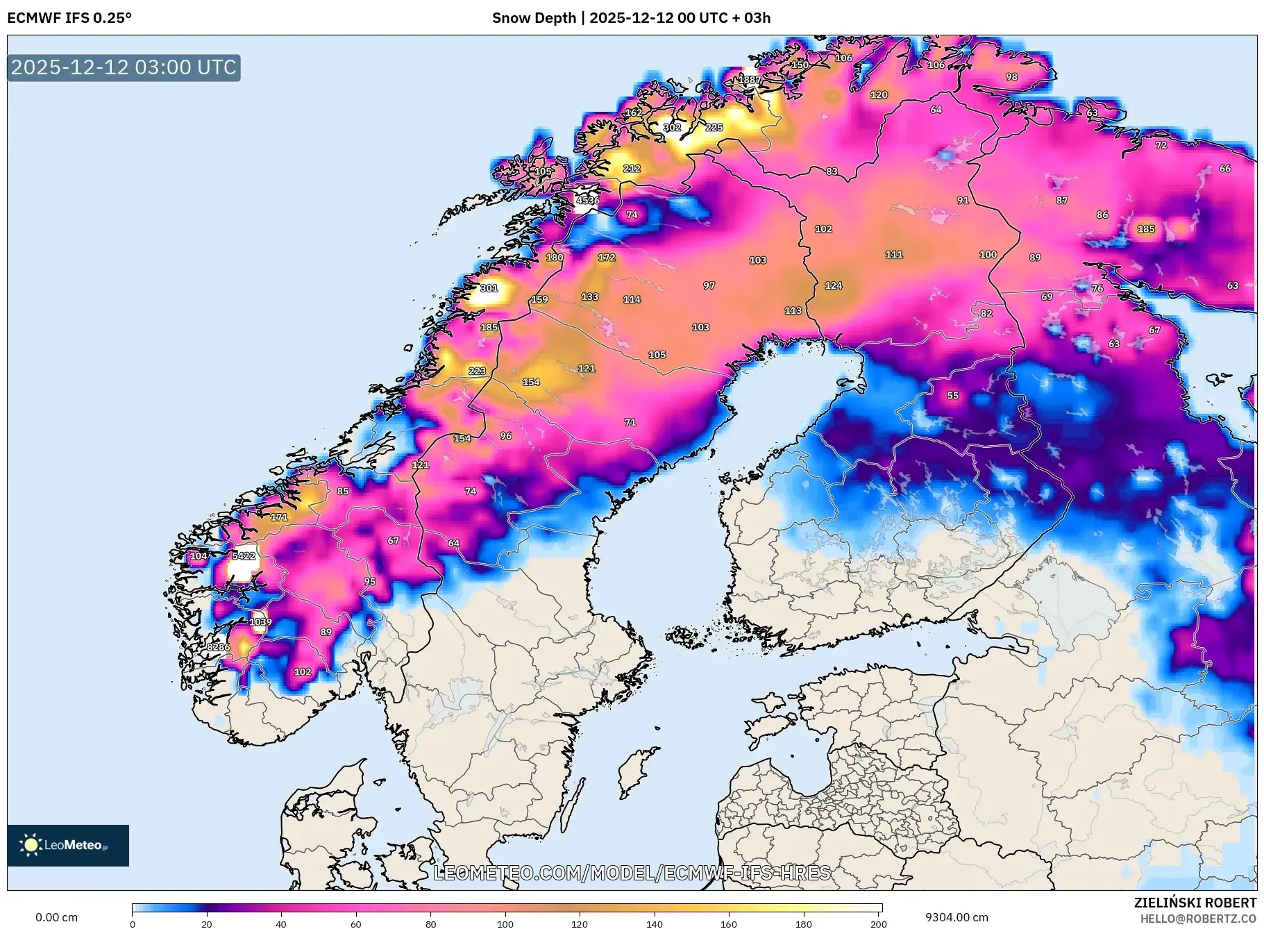 ECMWF IFS 0.25° model - Skandinavia, Ketebalan Salji