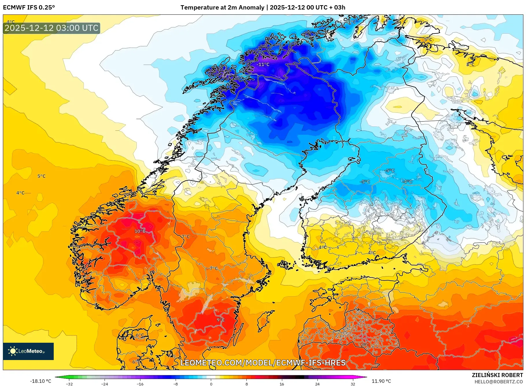 ECMWF IFS 0.25° model - Skandinavia, Anomali Suhu 2 m