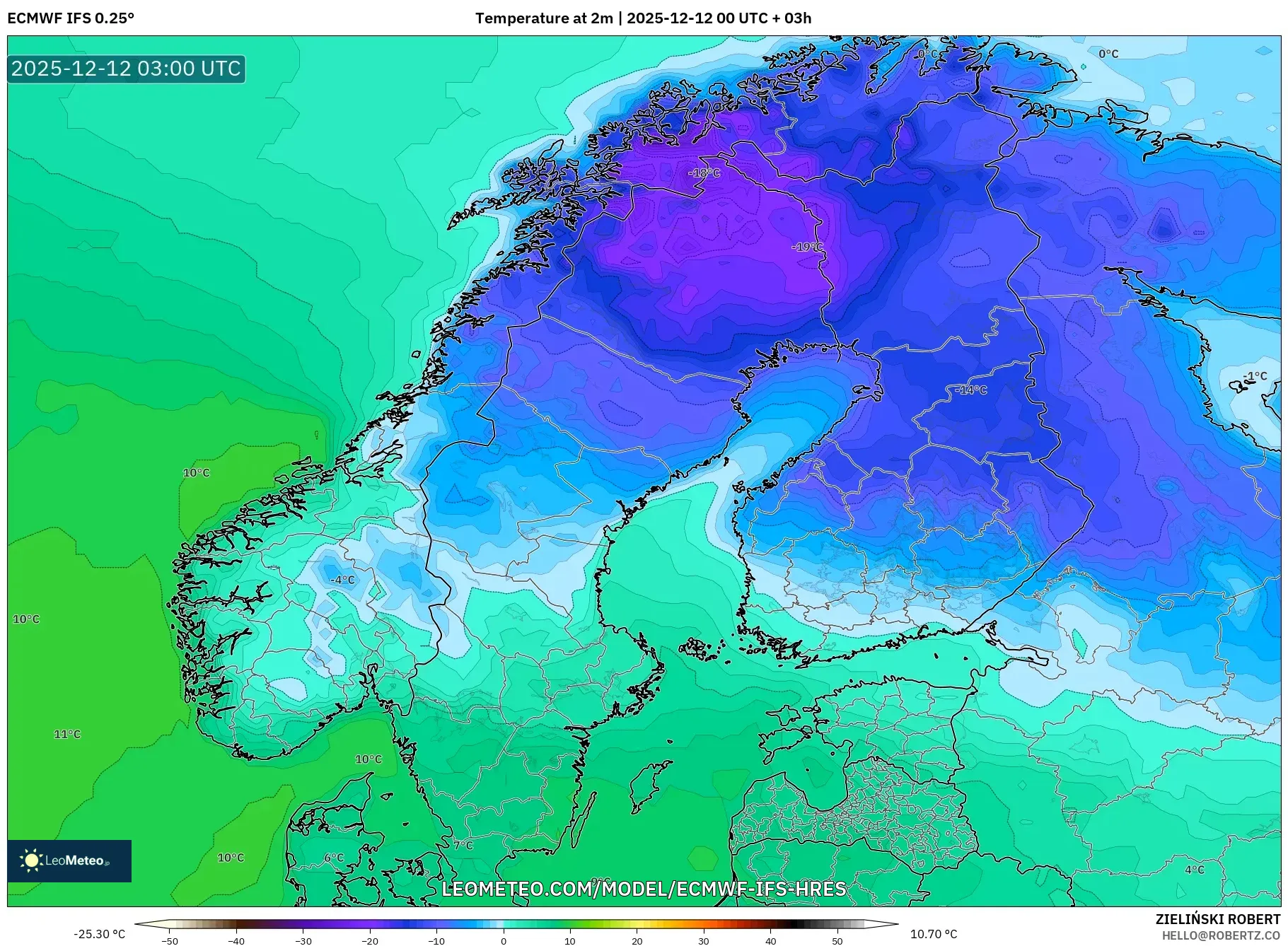 ECMWF IFS 0.25° model - Skandinavia, Suhu pada 2 m