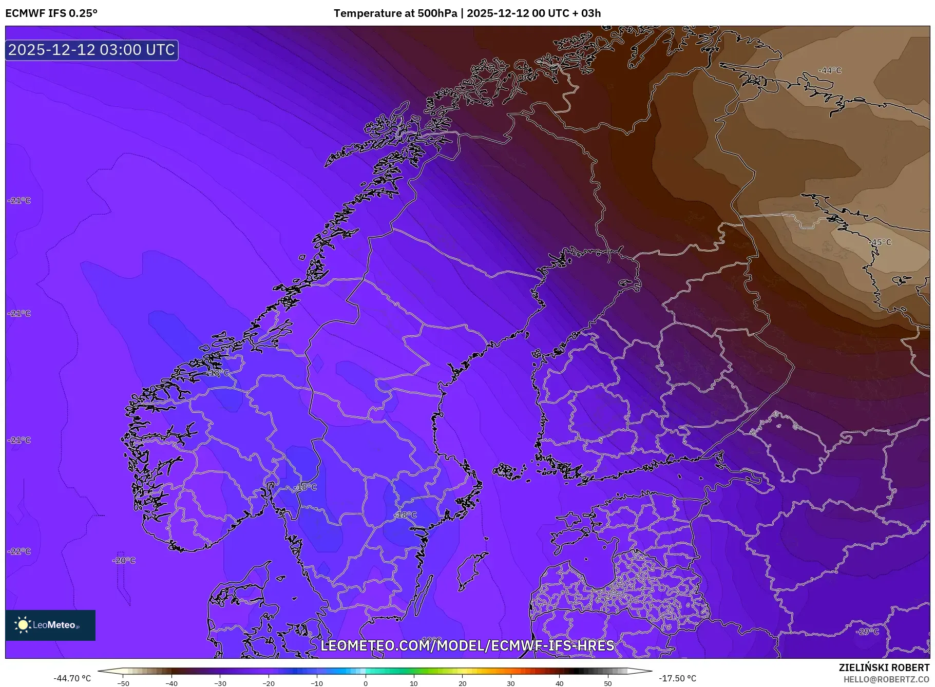 ECMWF IFS 0.25° model - Skandinavia, Suhu 500 hPa