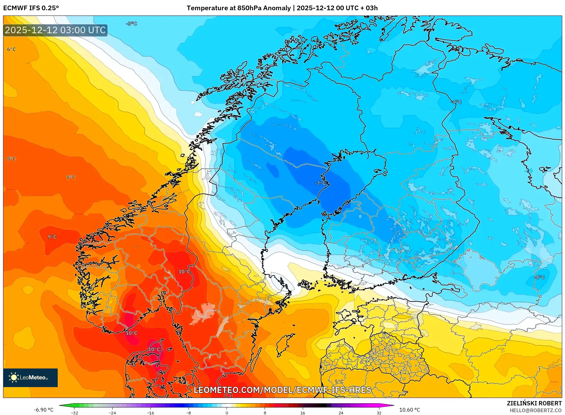 ECMWF IFS 0.25° model - Skandinavia, Anomali Suhu 850 hPa
