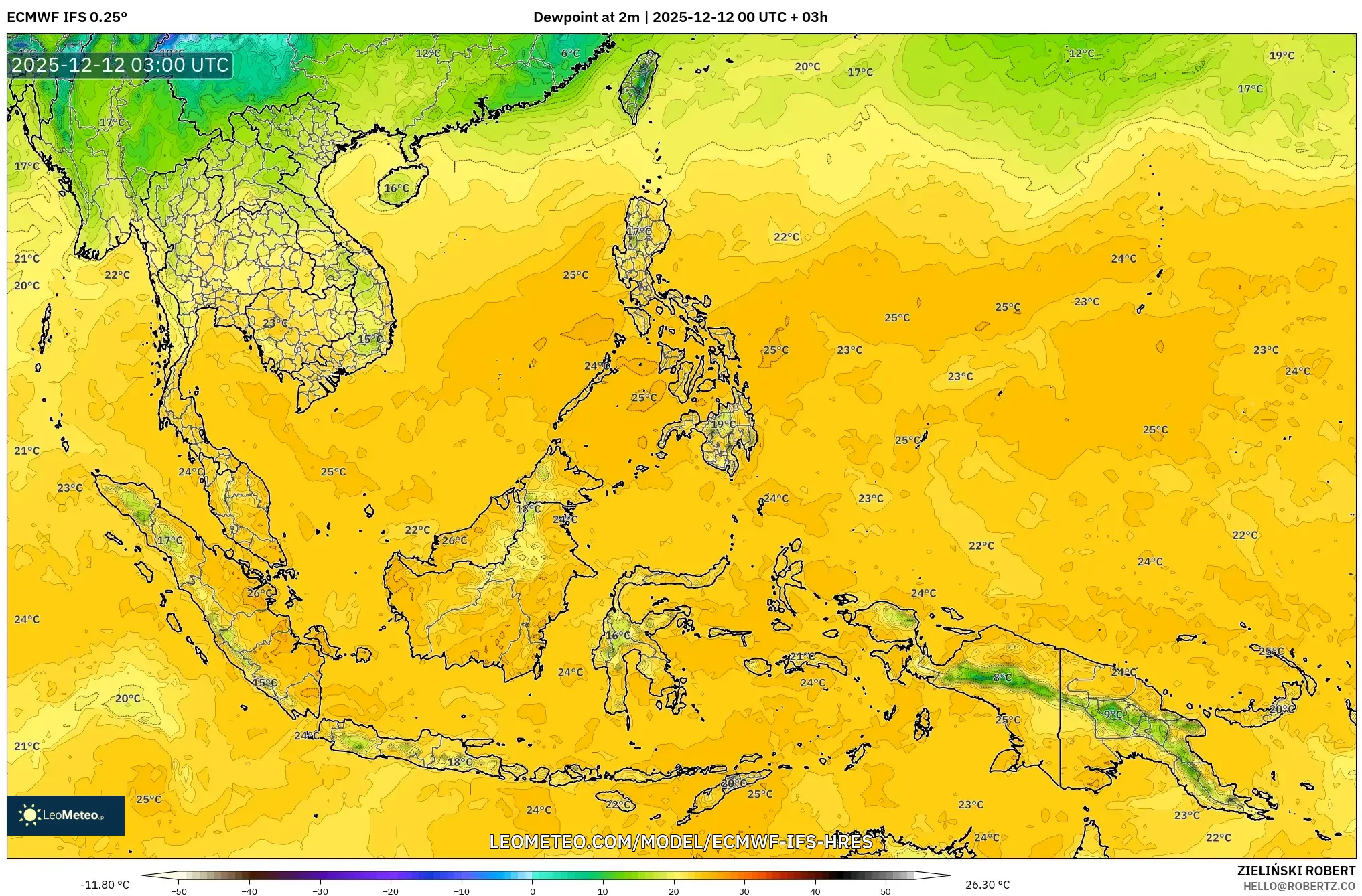 ECMWF IFS 0.25° model - Asia Tenggara, Takat Embun 2 m