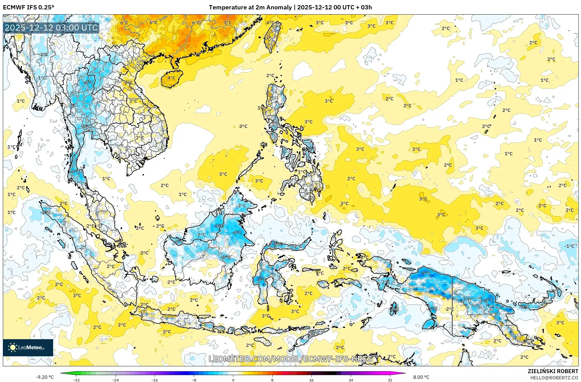 ECMWF IFS 0.25° model - Asia Tenggara, Anomali Suhu 2 m