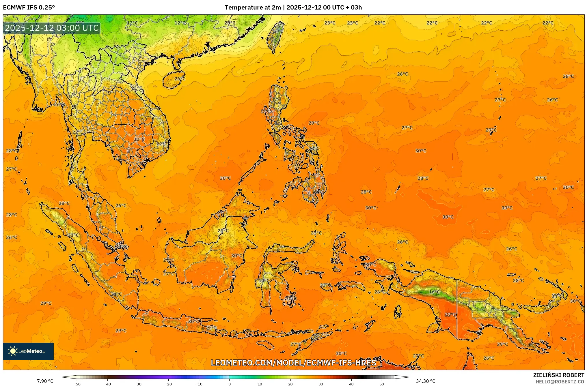ECMWF IFS 0.25° model - Asia Tenggara, Suhu pada 2 m