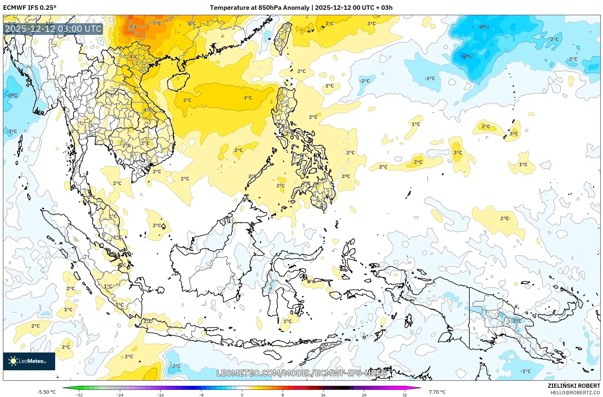 ECMWF IFS 0.25° model - Asia Tenggara, Anomali Suhu 850 hPa