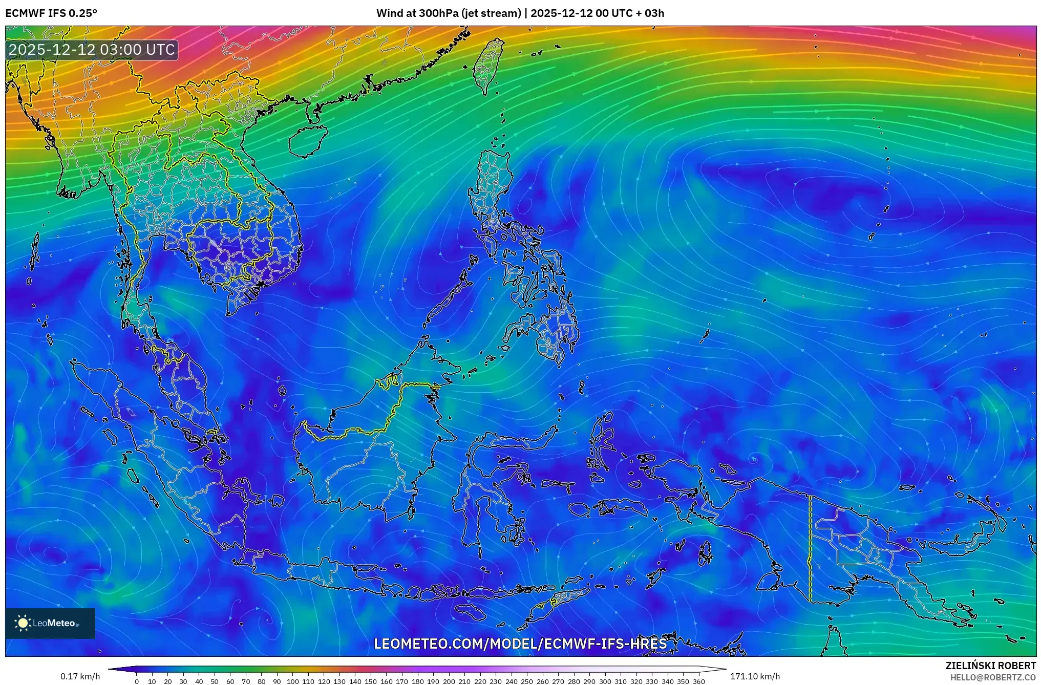 ECMWF IFS 0.25° model - Asia Tenggara, Angin 300 hPa (aliran jet)