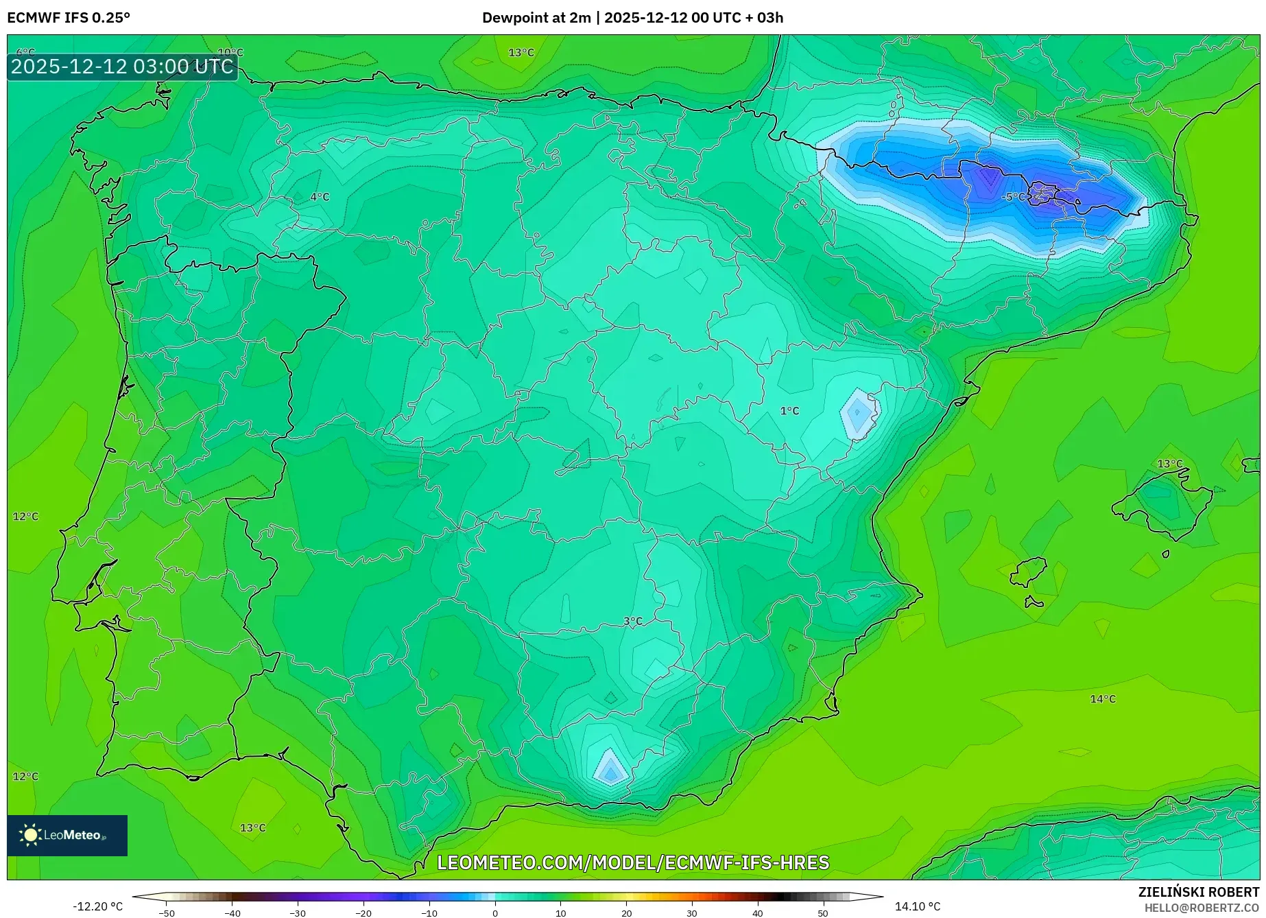 ECMWF IFS 0.25° model - Sepanyol, Takat Embun 2 m