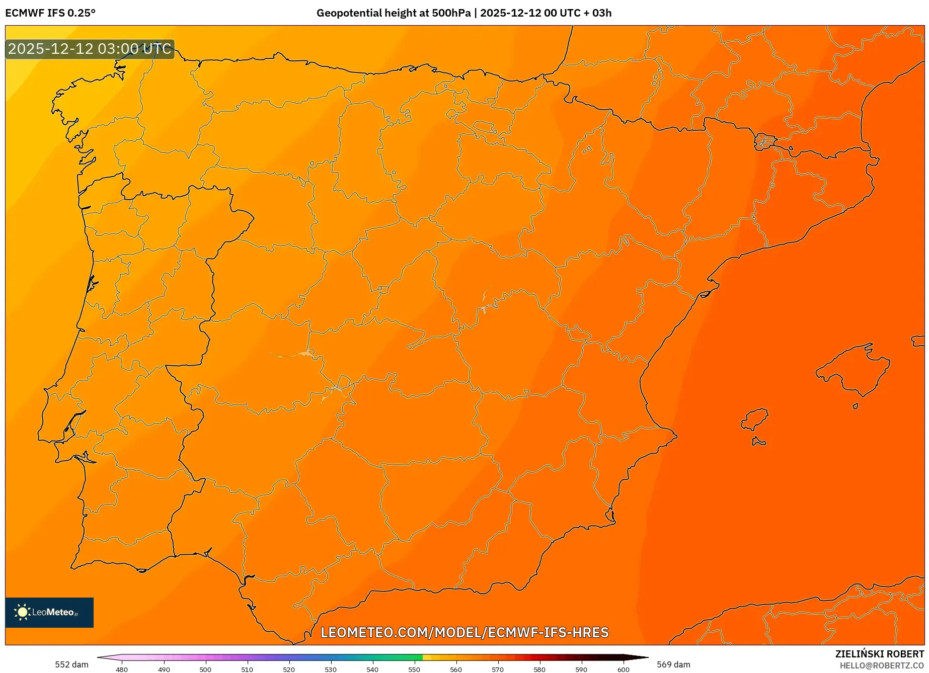 ECMWF IFS 0.25° model - Sepanyol, Ketinggian geopotensial pada 500 hPa