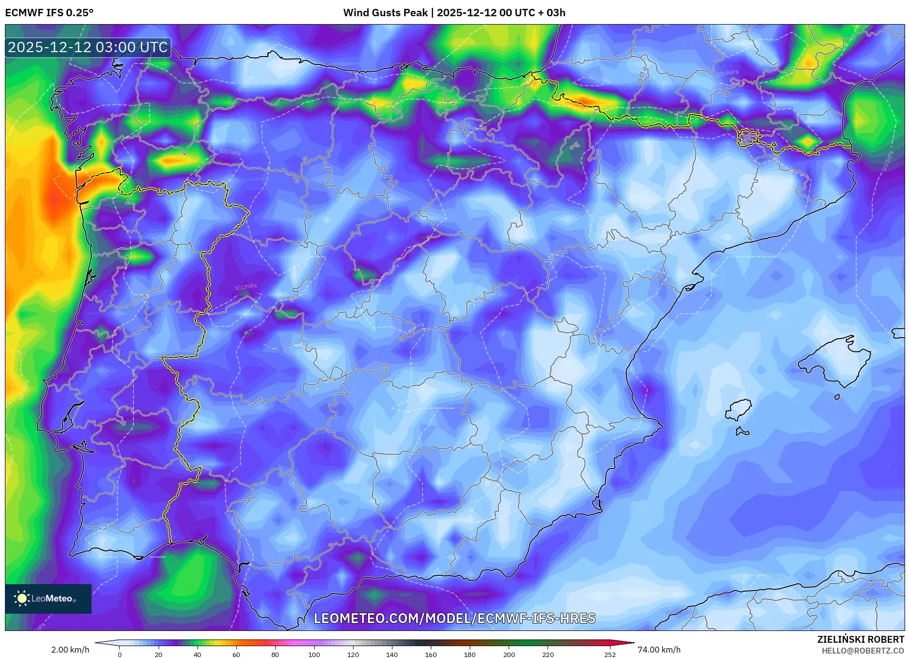 ECMWF IFS 0.25° model - Sepanyol, Hembusan Tertinggi