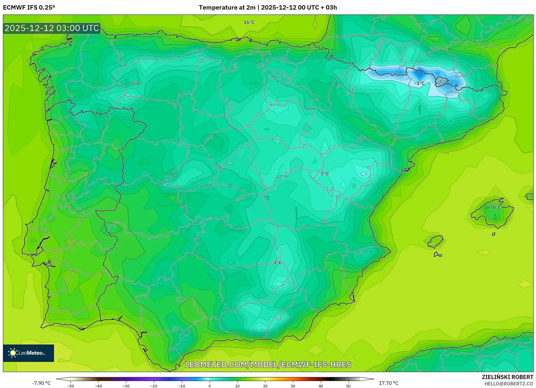 ECMWF IFS 0.25° model - Sepanyol, Suhu pada 2 m