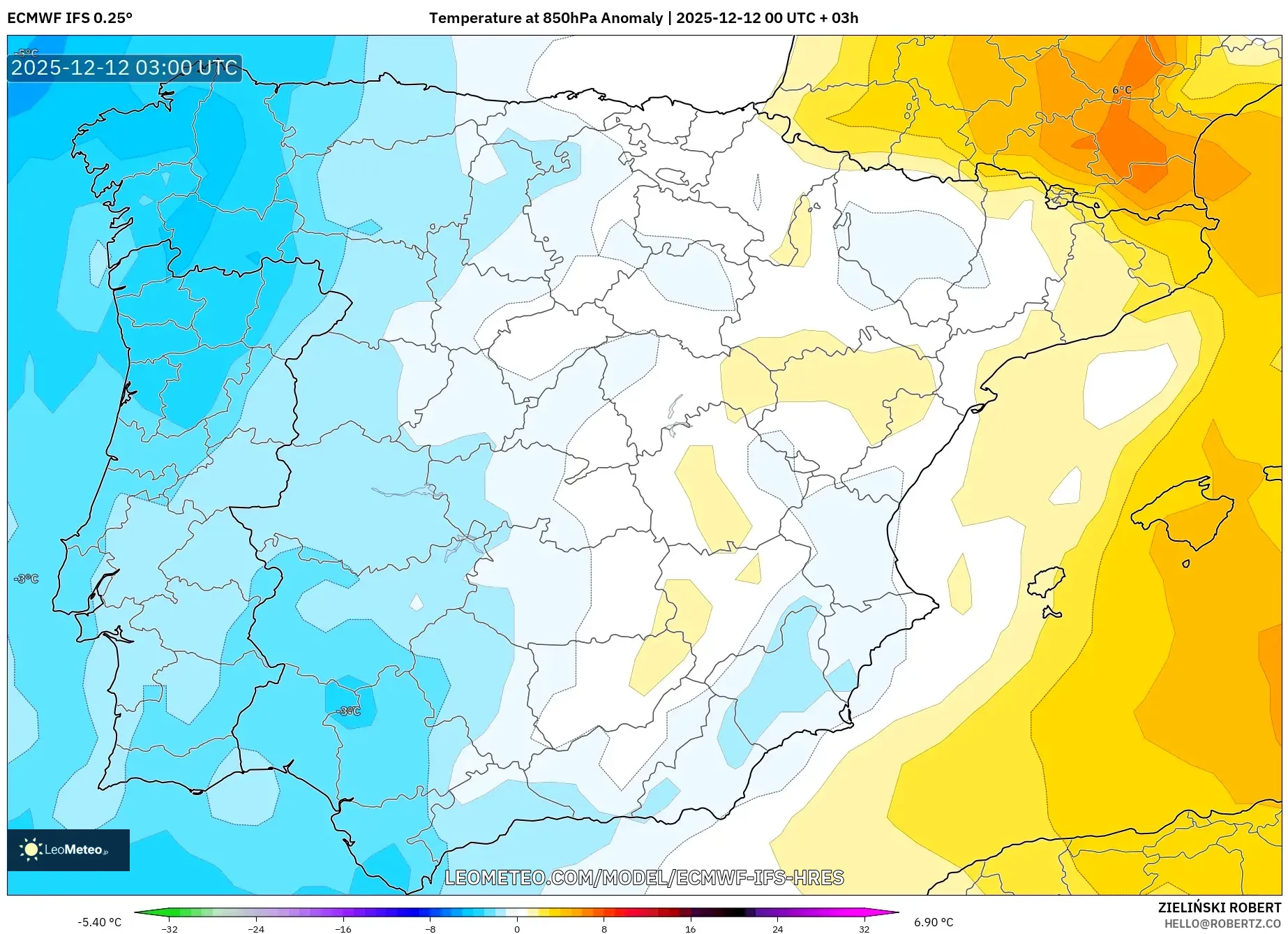 ECMWF IFS 0.25° model - Sepanyol, Anomali Suhu 850 hPa