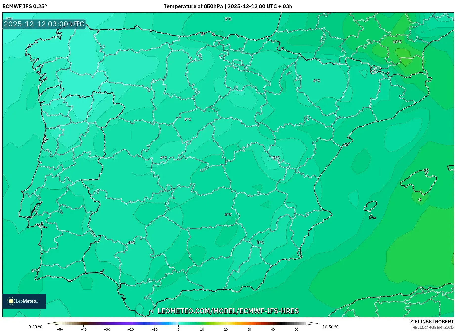 ECMWF IFS 0.25° model - Sepanyol, Suhu 850 hPa