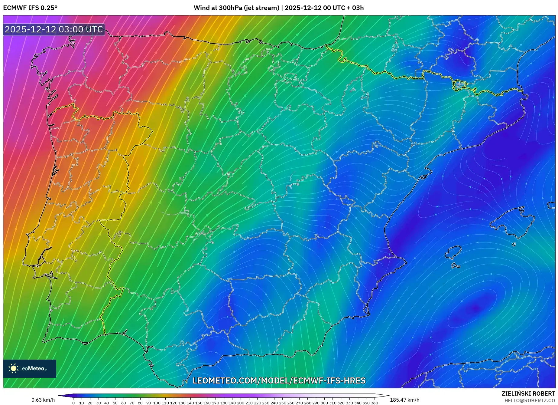 ECMWF IFS 0.25° model - Sepanyol, Angin 300 hPa (aliran jet)