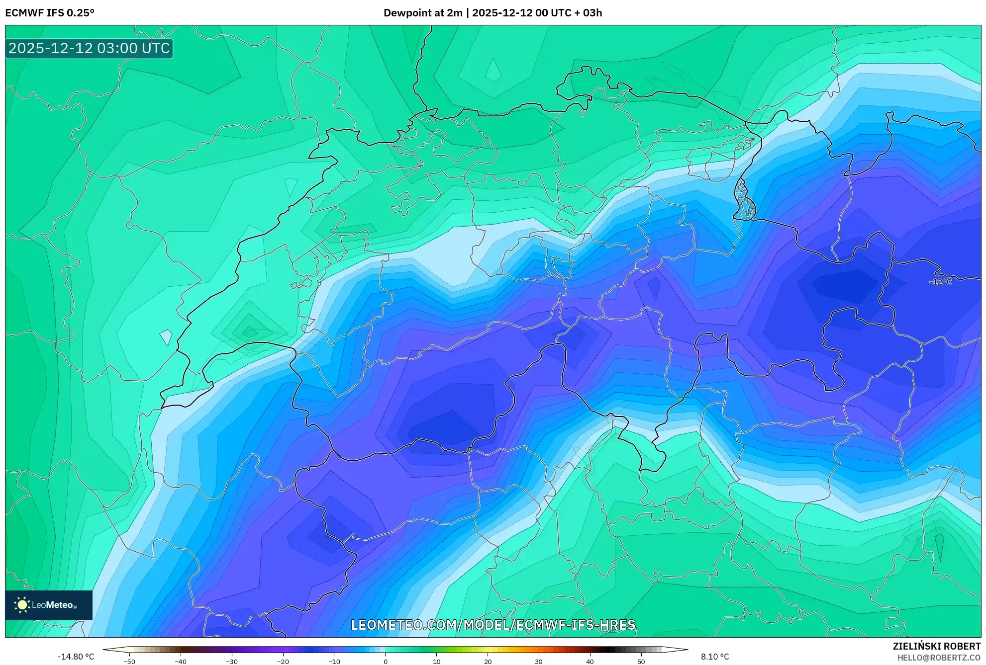 ECMWF IFS 0.25° model - Switzerland, Takat Embun 2 m