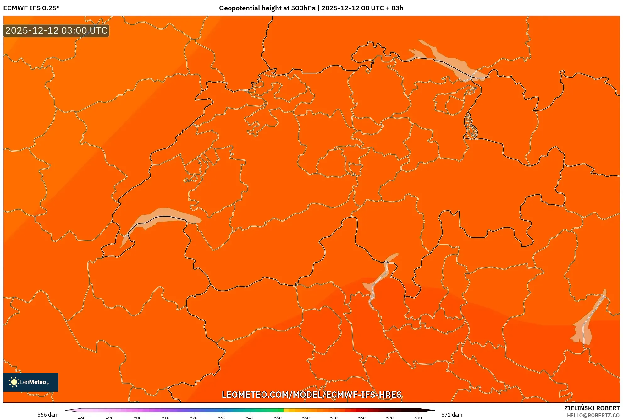 ECMWF IFS 0.25° model - Switzerland, Ketinggian geopotensial pada 500 hPa