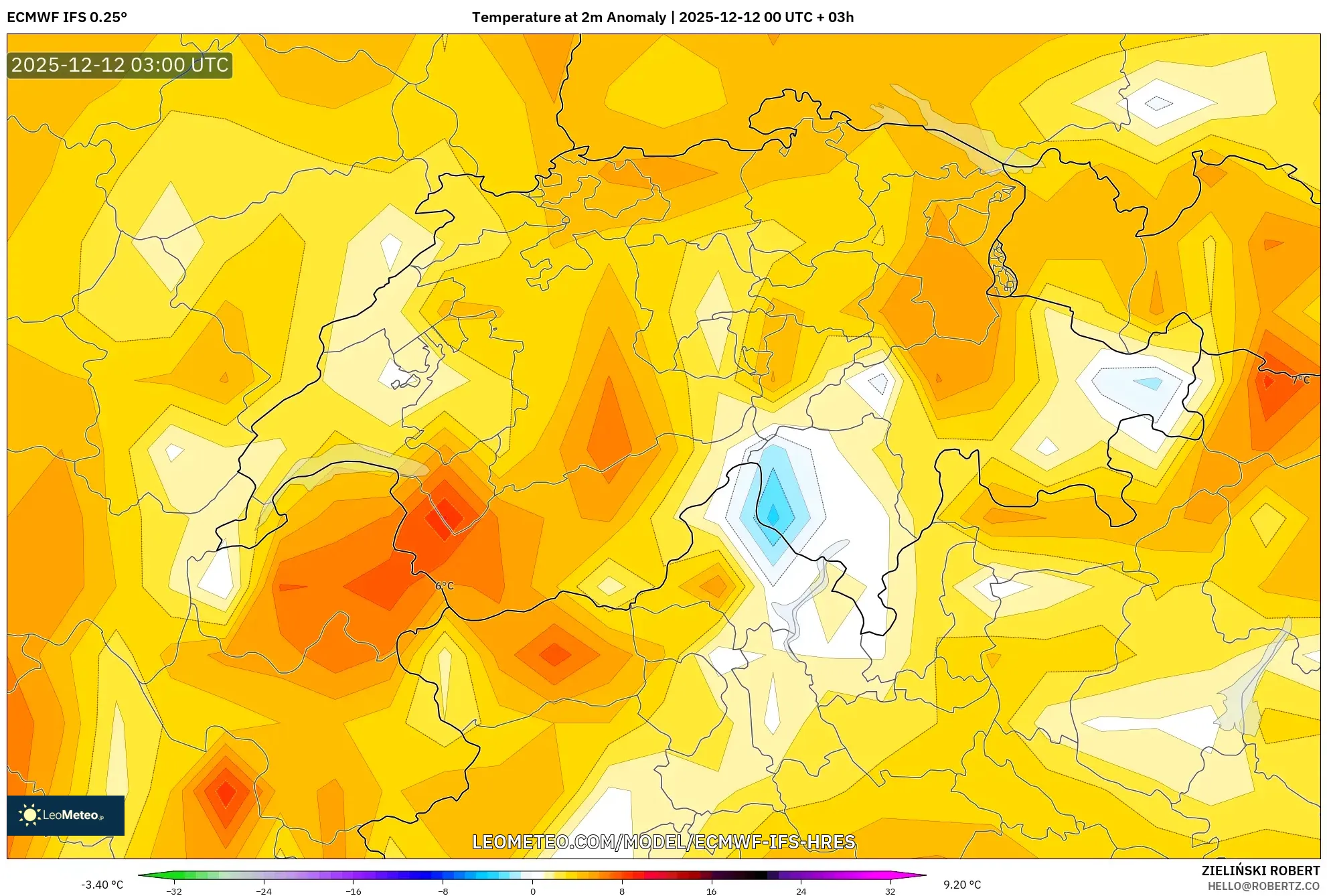 ECMWF IFS 0.25° model - Switzerland, Anomali Suhu 2 m