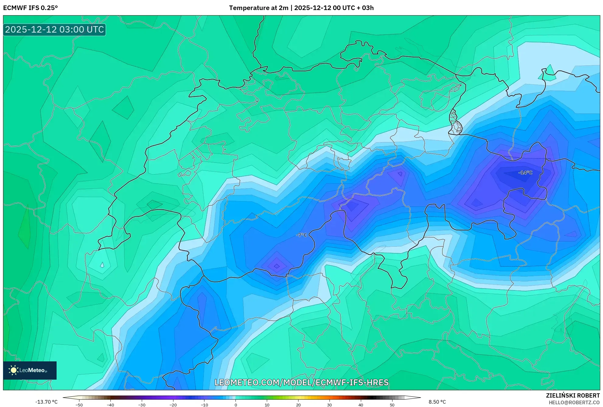 ECMWF IFS 0.25° model - Switzerland, Suhu pada 2 m