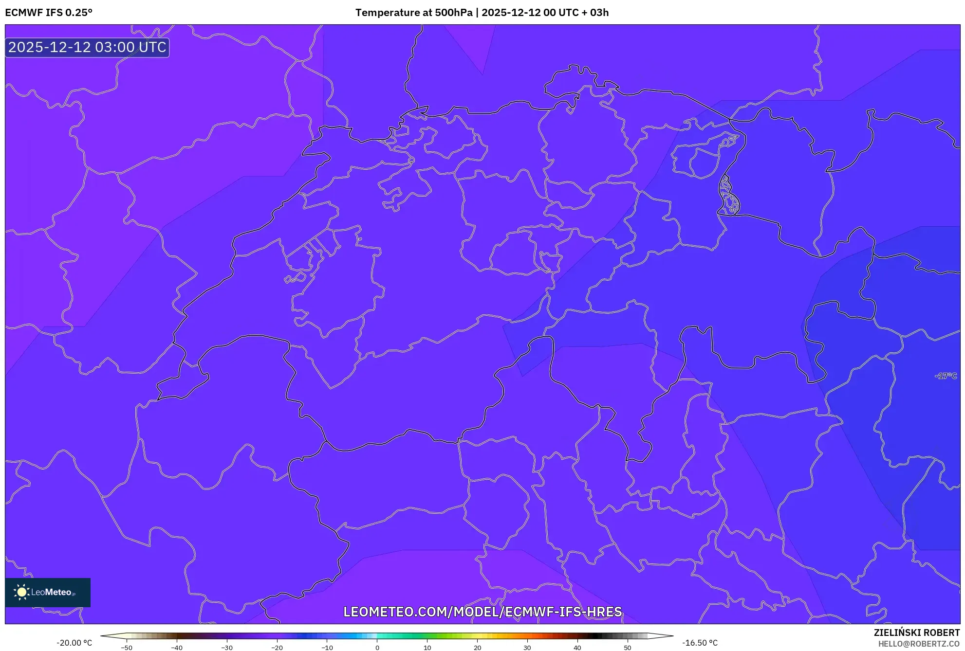 ECMWF IFS 0.25° model - Switzerland, Suhu 500 hPa
