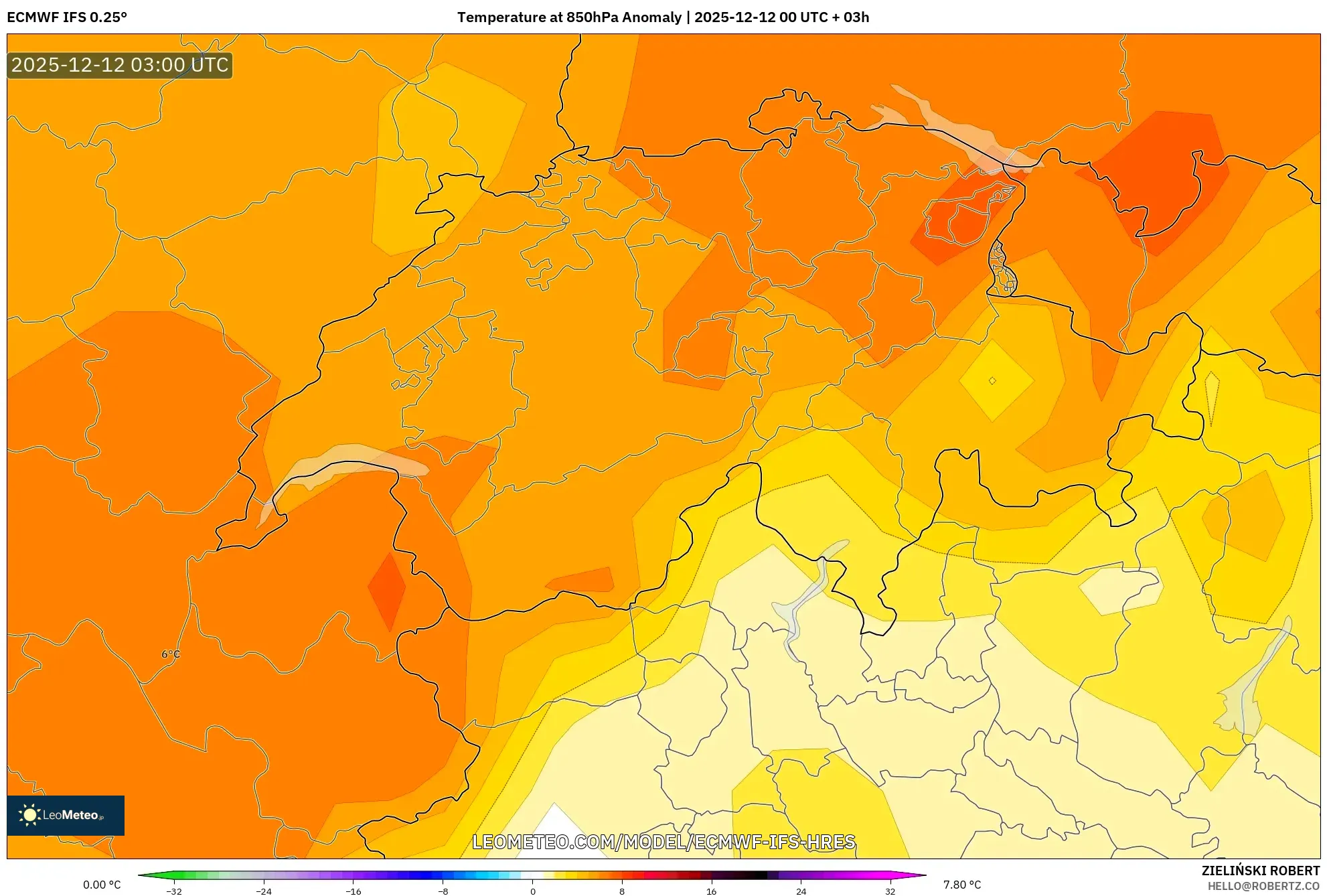 ECMWF IFS 0.25° model - Switzerland, Anomali Suhu 850 hPa