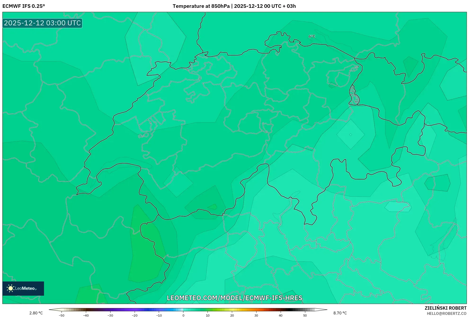 ECMWF IFS 0.25° model - Switzerland, Suhu 850 hPa