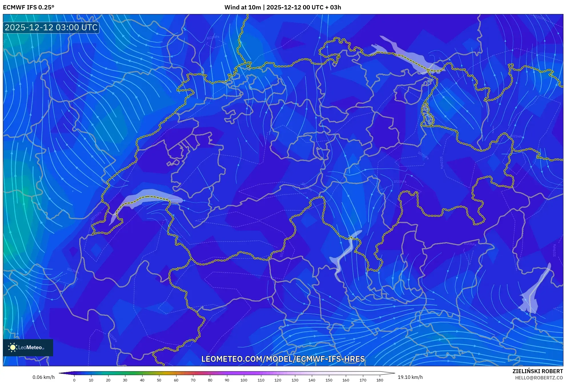 ECMWF IFS 0.25° model - Switzerland, Angin 10 m
