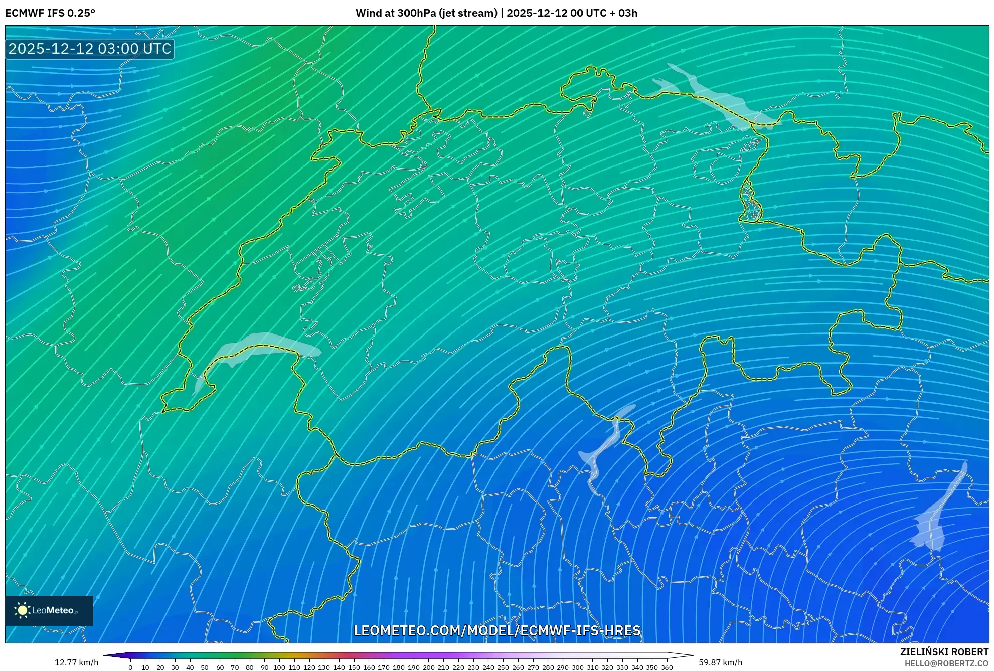 ECMWF IFS 0.25° model - Switzerland, Angin 300 hPa (aliran jet)