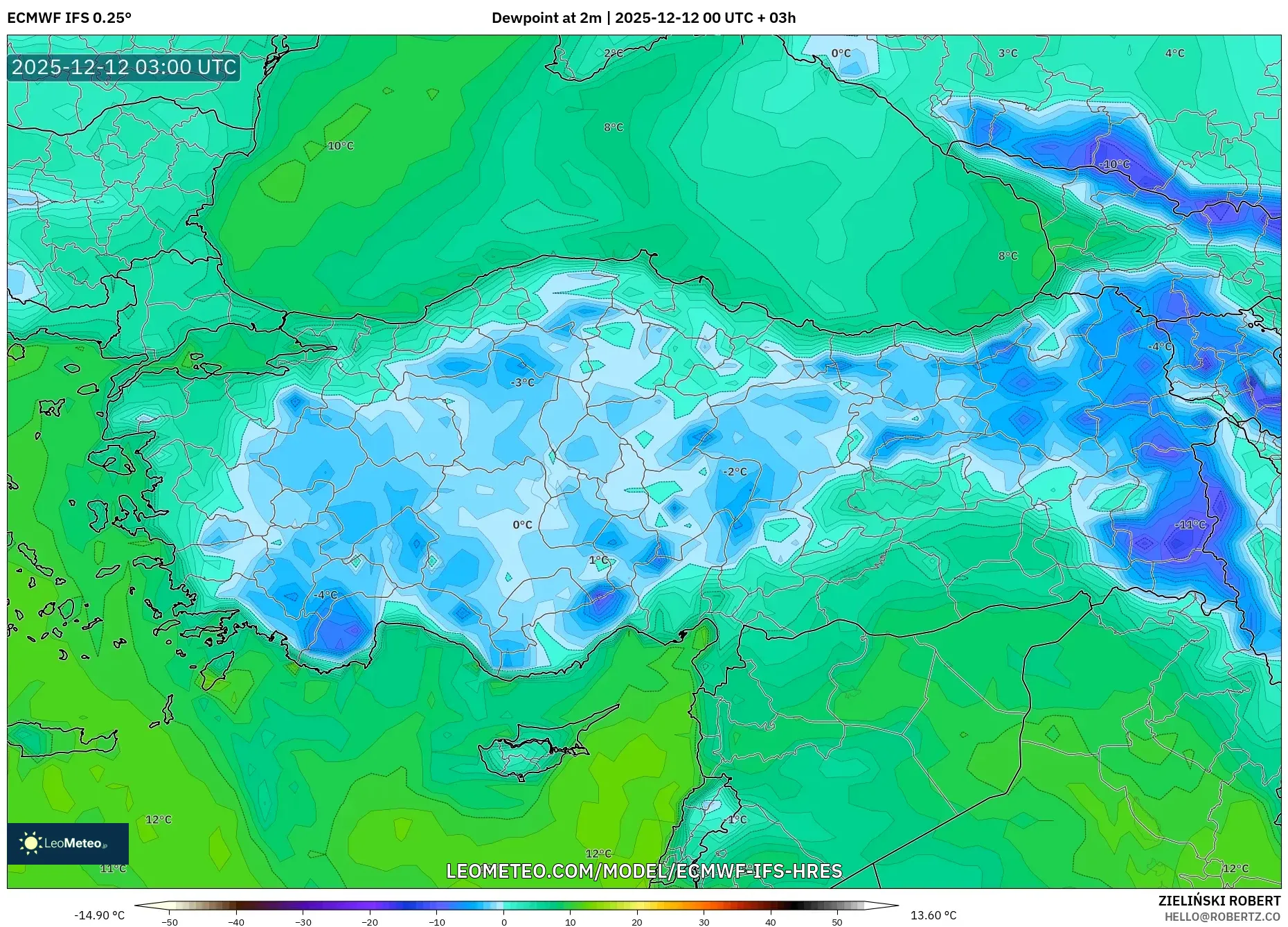ECMWF IFS 0.25° model - Turki, Takat Embun 2 m