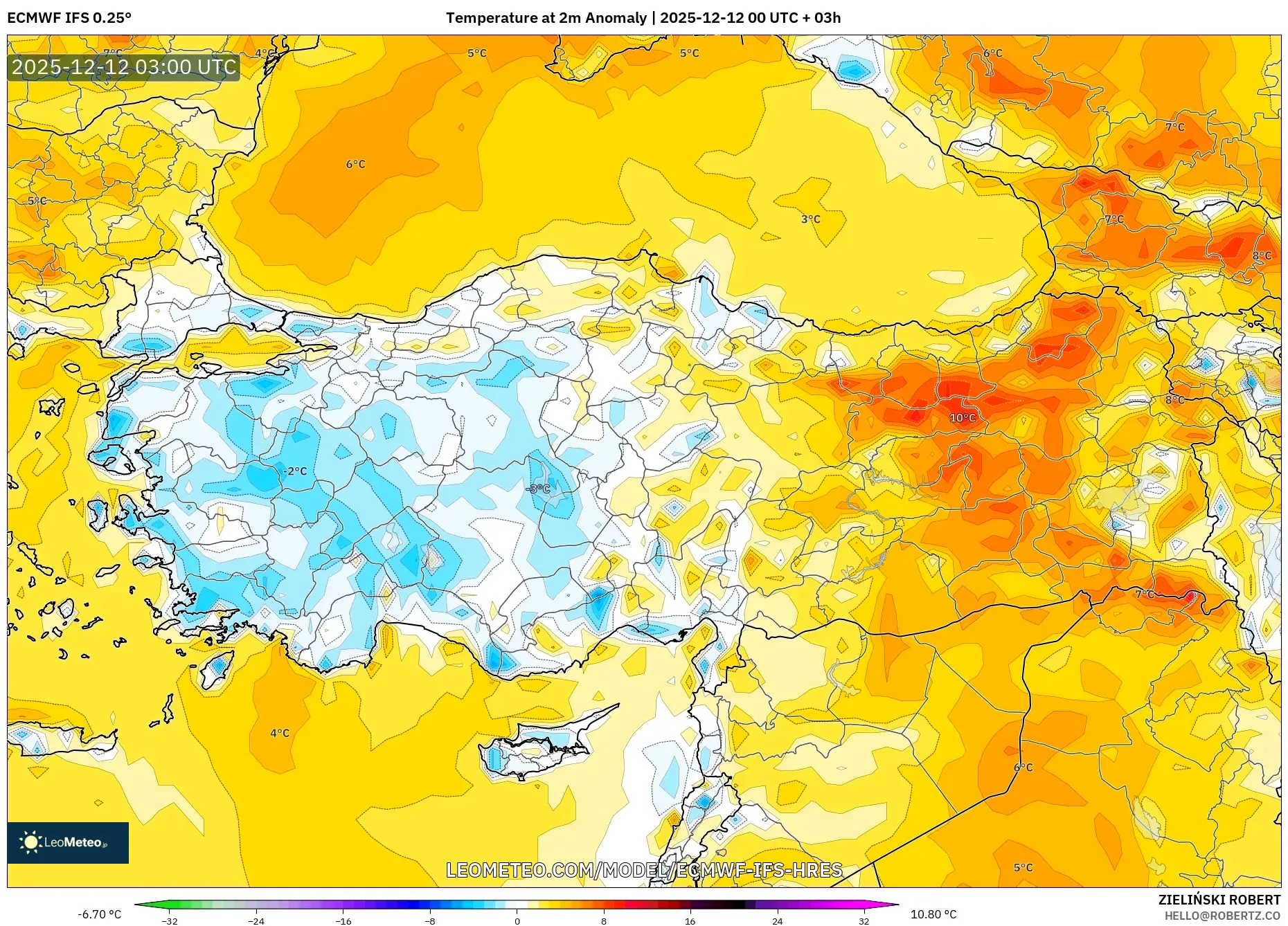 ECMWF IFS 0.25° model - Turki, Anomali Suhu 2 m