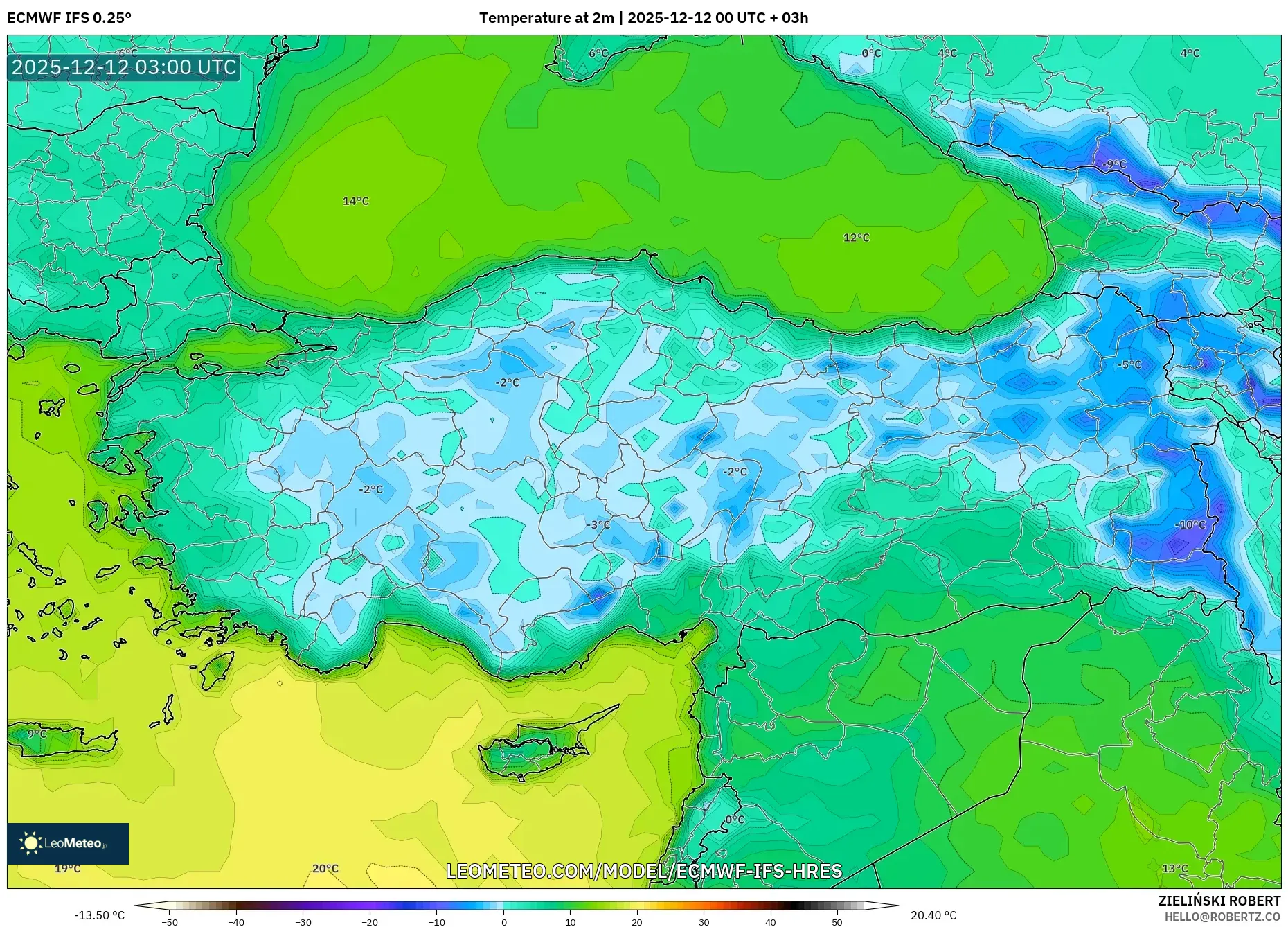ECMWF IFS 0.25° model - Turki, Suhu pada 2 m