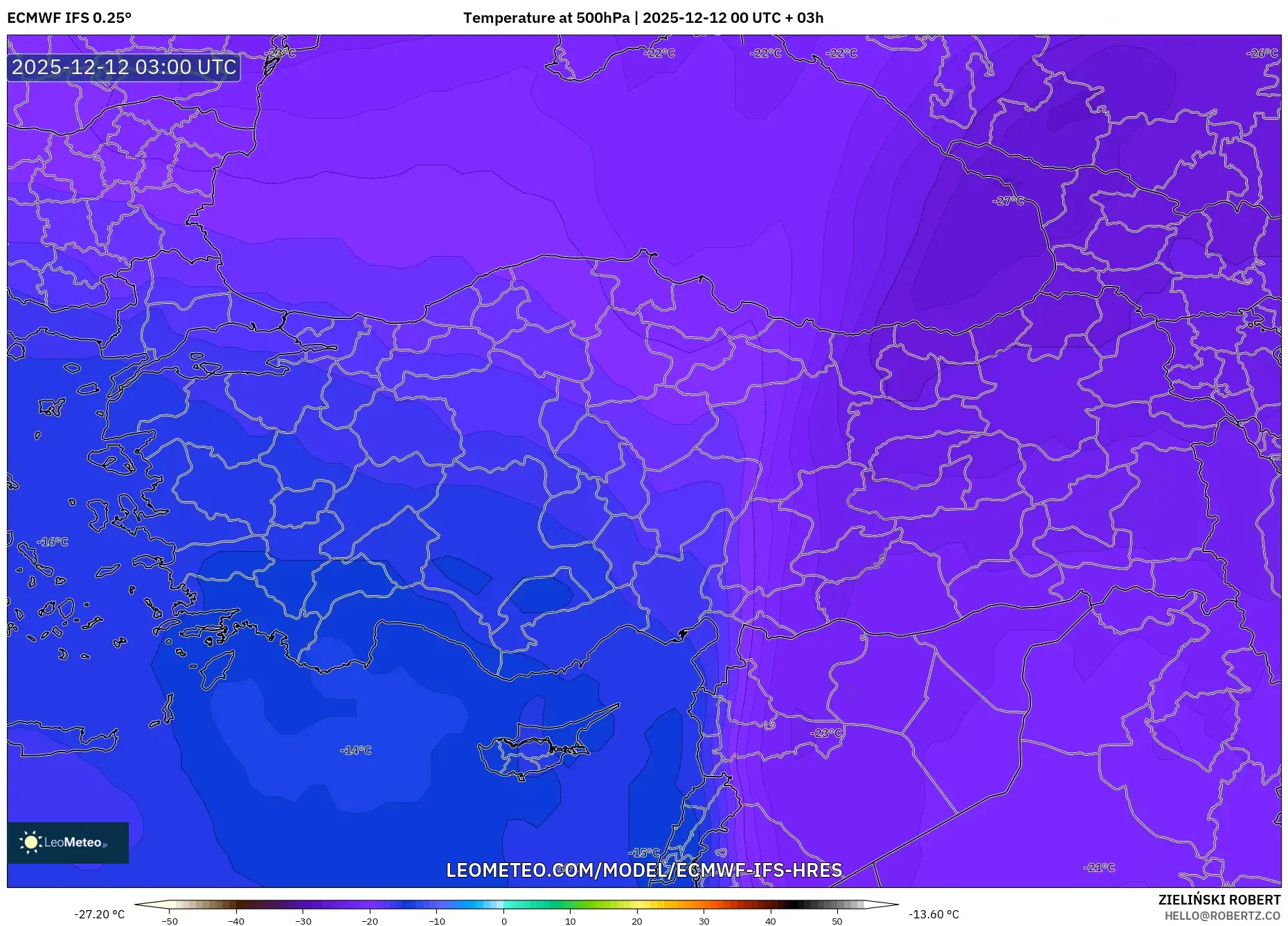 ECMWF IFS 0.25° model - Turki, Suhu 500 hPa