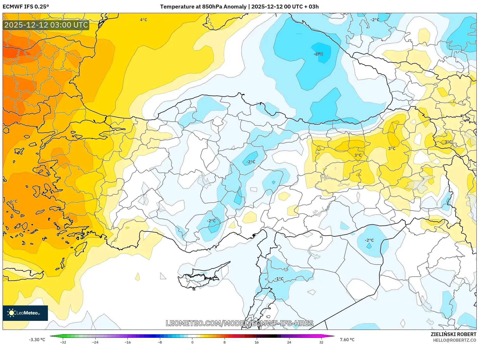 ECMWF IFS 0.25° model - Turki, Anomali Suhu 850 hPa