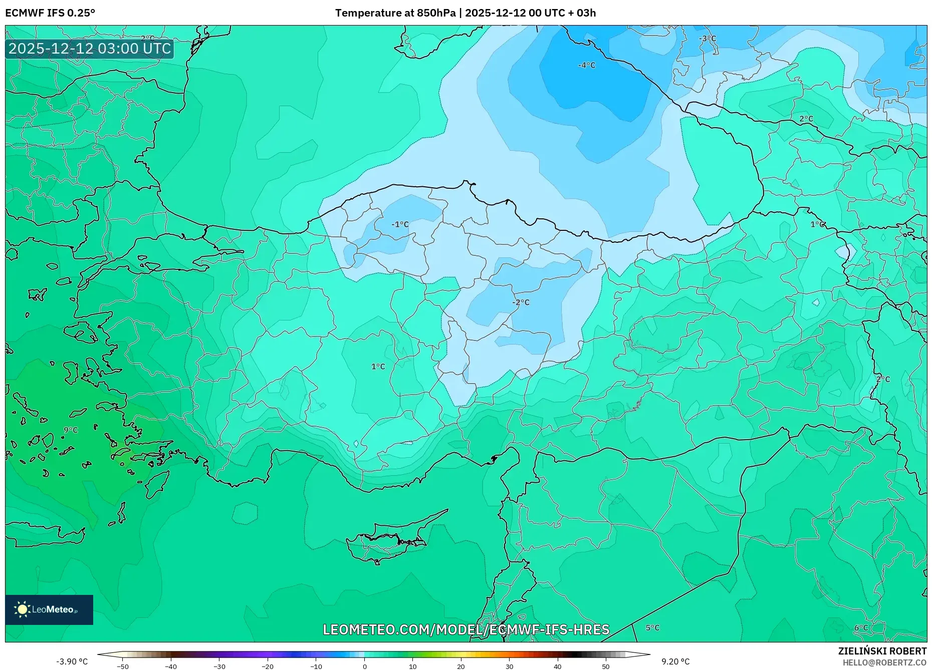 ECMWF IFS 0.25° model - Turki, Suhu 850 hPa