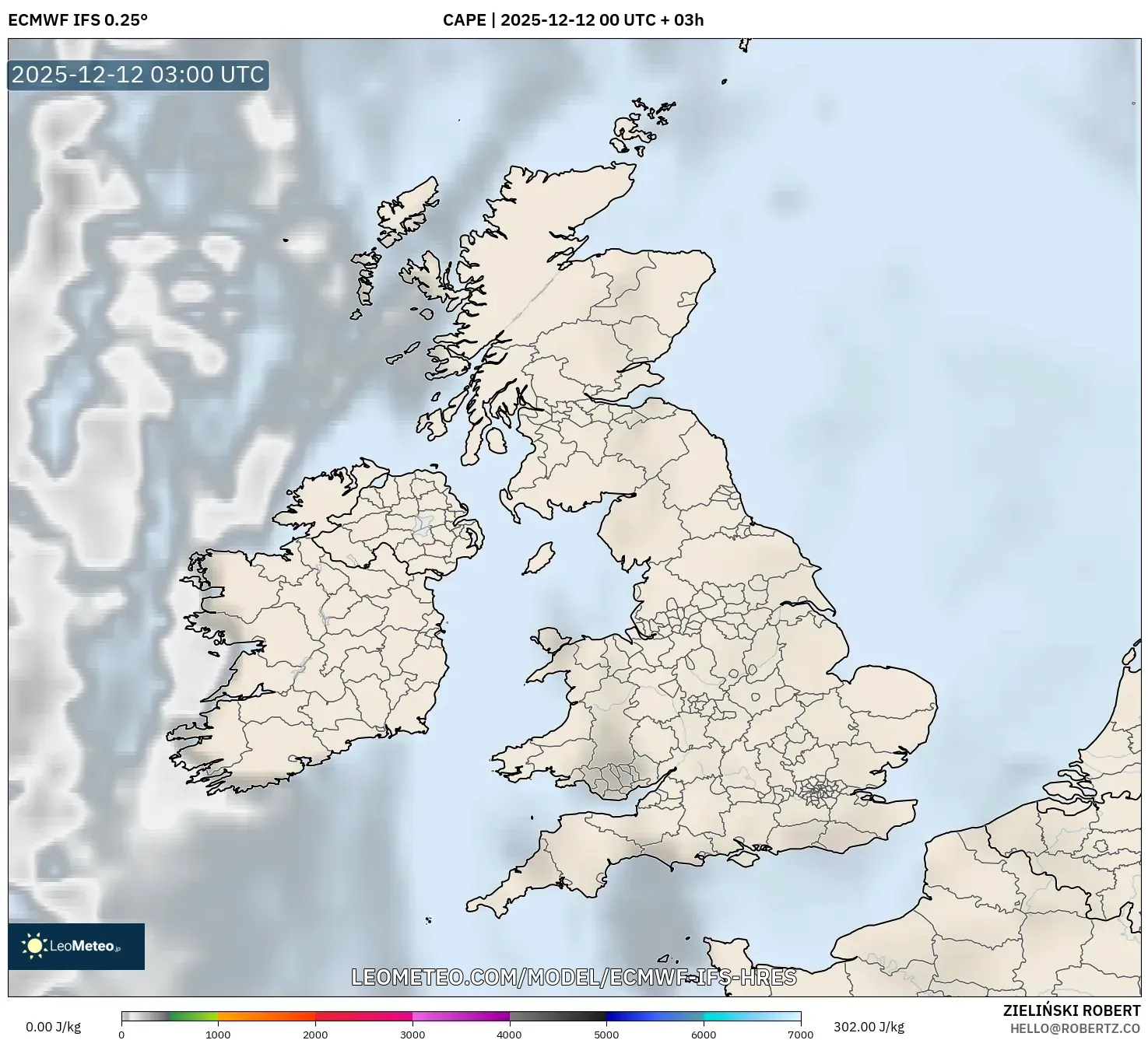 ECMWF IFS 0.25° model - United Kingdom, CAPE