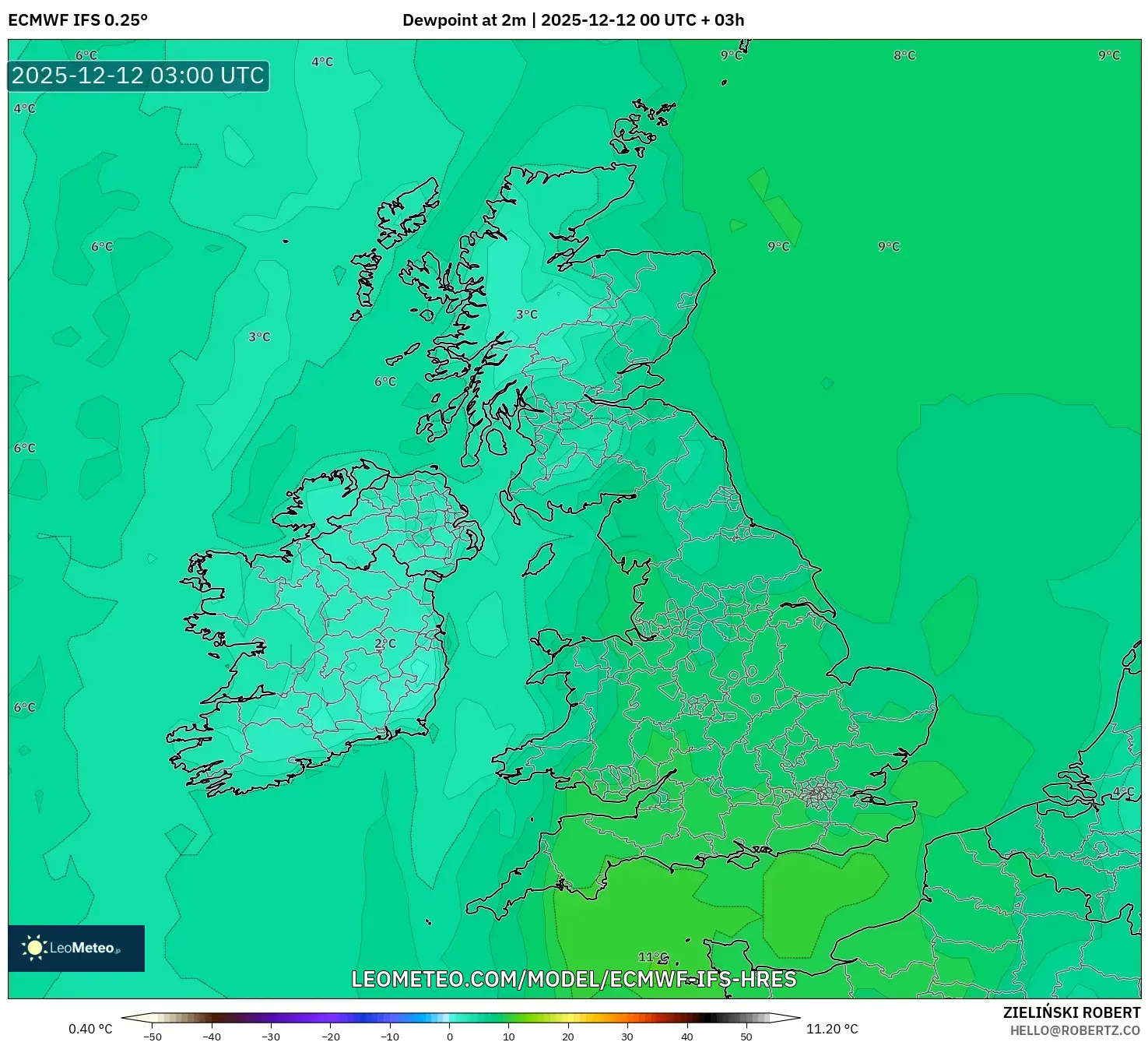 ECMWF IFS 0.25° model - United Kingdom, Takat Embun 2 m