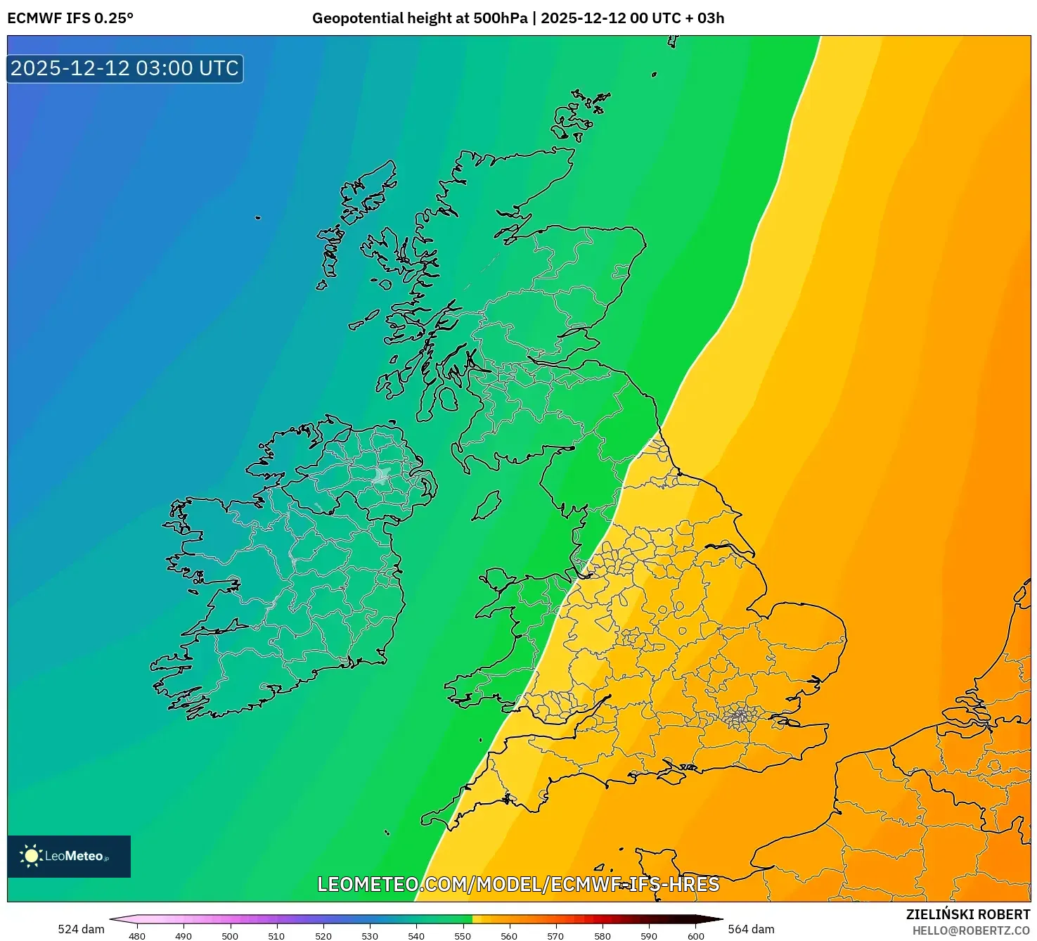 ECMWF IFS 0.25° model - United Kingdom, Ketinggian geopotensial pada 500 hPa