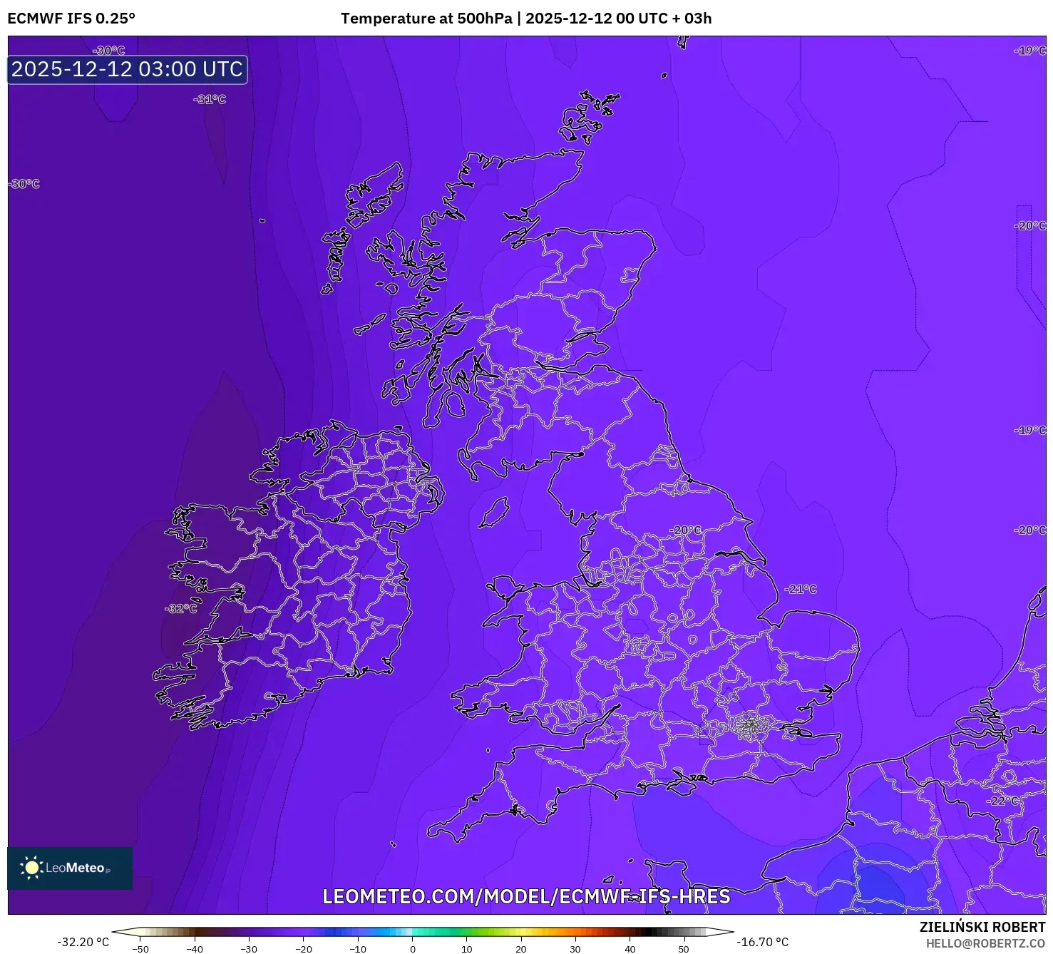 ECMWF IFS 0.25° model - United Kingdom, Suhu 500 hPa