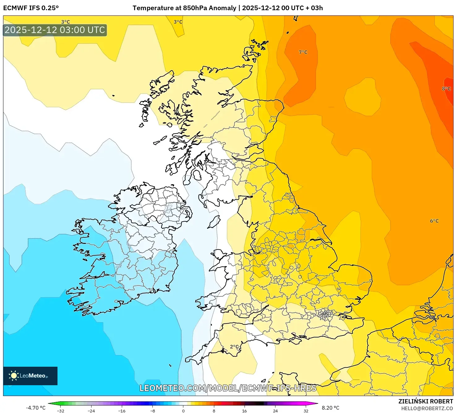 ECMWF IFS 0.25° model - United Kingdom, Anomali Suhu 850 hPa