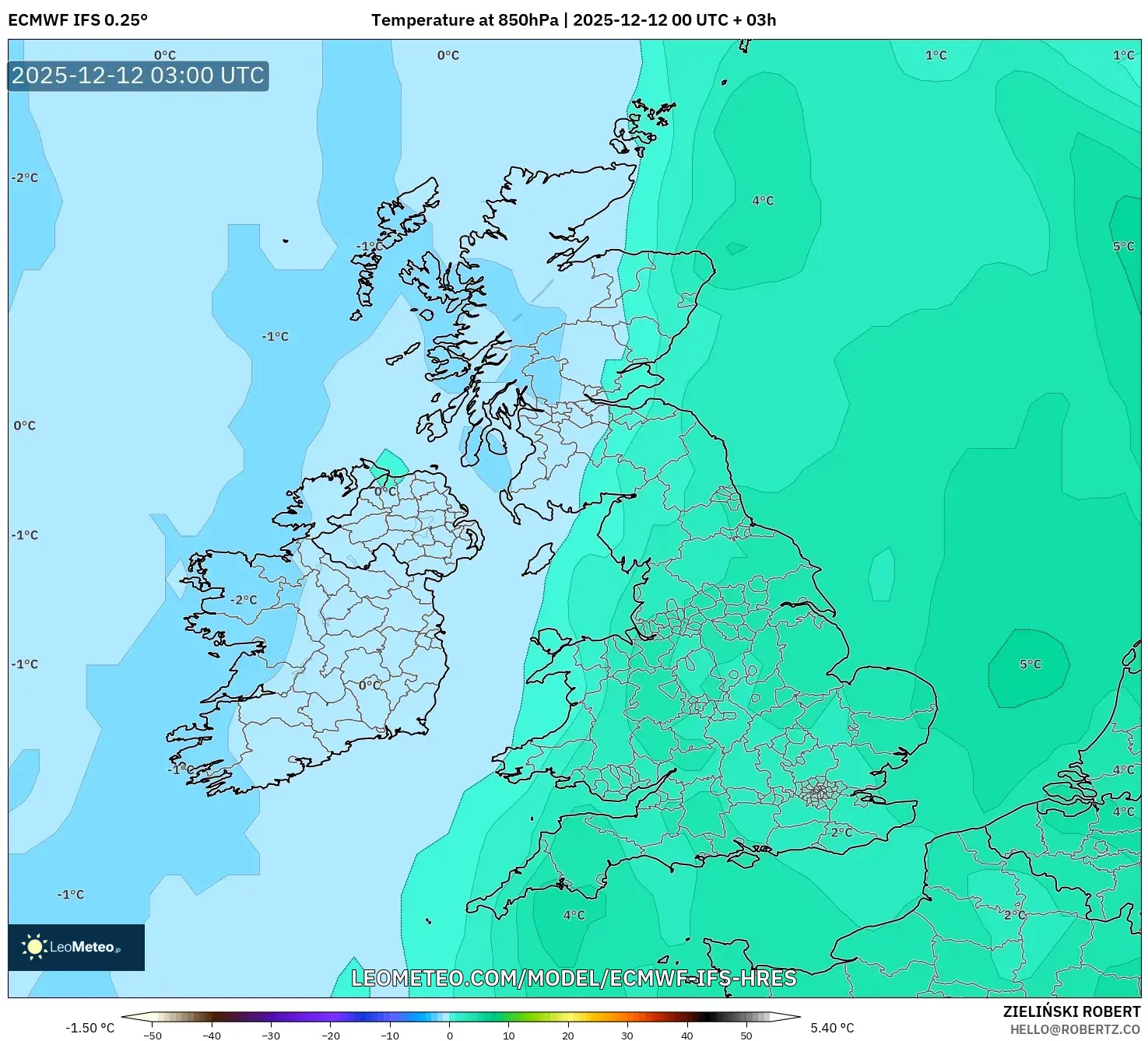 ECMWF IFS 0.25° model - United Kingdom, Suhu 850 hPa