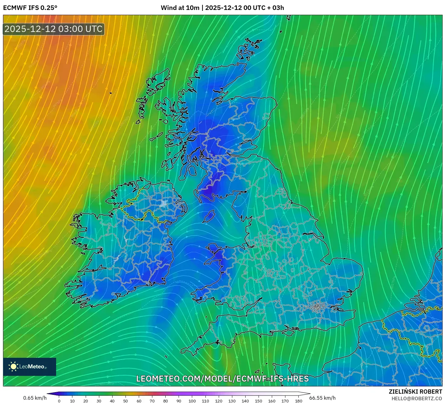ECMWF IFS 0.25° model - United Kingdom, Angin 10 m