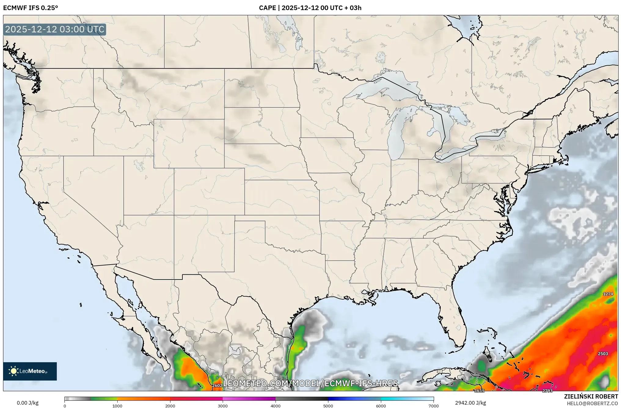 ECMWF IFS 0.25° model - Amerika Syarikat, CAPE