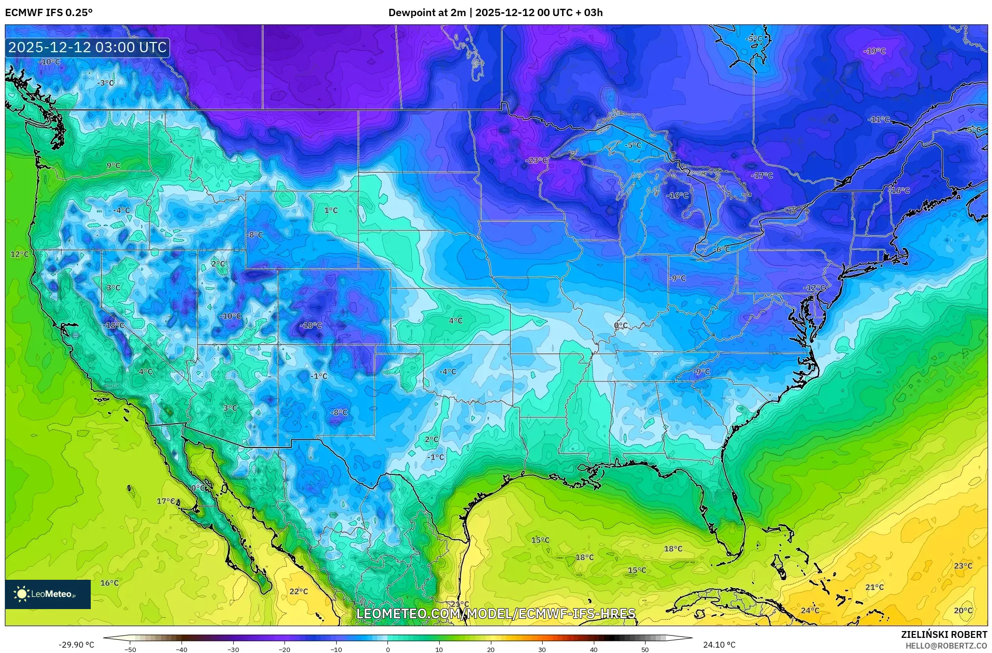 ECMWF IFS 0.25° model - Amerika Syarikat, Takat Embun 2 m